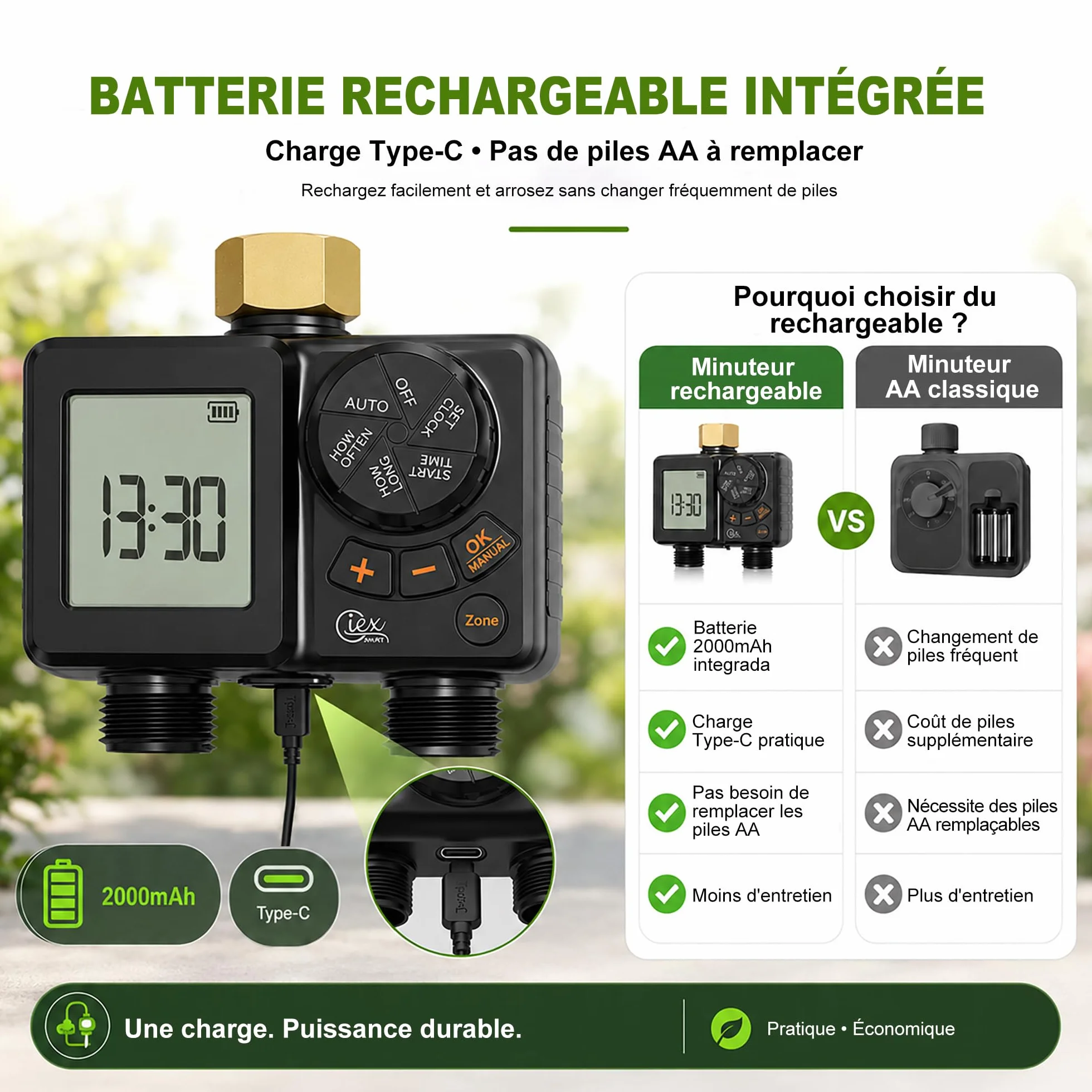 GIEX Ordinateur d'arrosage 2 voies, minuterie d'arrosage rechargeable 2 zones avec connecteur en laiton, minuterie d'eau programmable avec IP66, retard de pluie et irrigation manuelle pour jardin