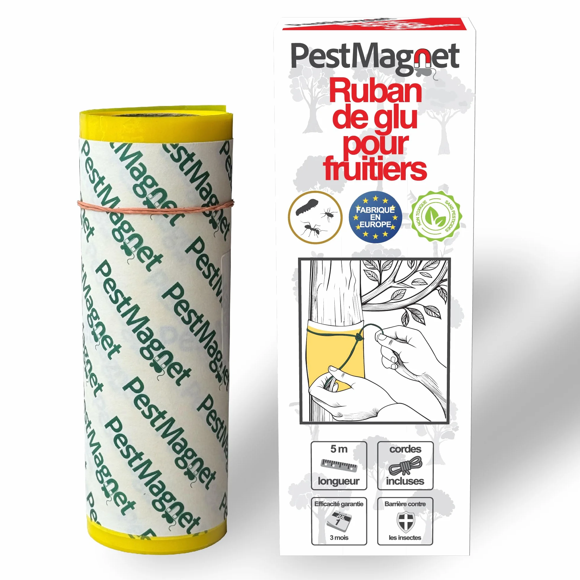 Bande de Colle pour Arbres 5 m – Jaune - Piège à Insectes Rampants, Fourmis, Chenilles –Non Toxique, Résistante à l’Eau–Ruban Collant pour Arbres Fruitiers Cerisiers Jardins–Facile à Appliquer