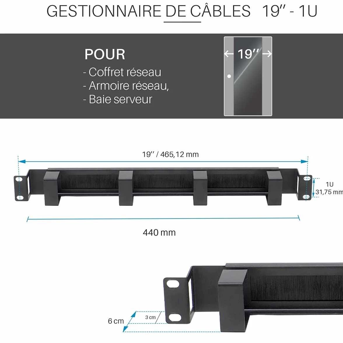 WAYTEX Balai Passe Câble 19 Pouces 1U 4 Anneaux Métal Noir pour Baie Armoire