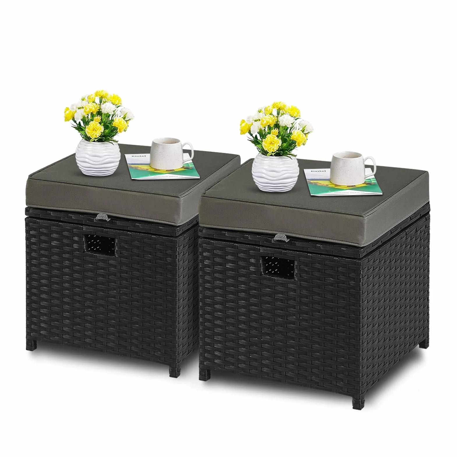 YIYAN Lot de 2 repose-pieds d'extérieur en rotin synthétique avec rangement pour toutes les saisons avec coussin amovible (gris)