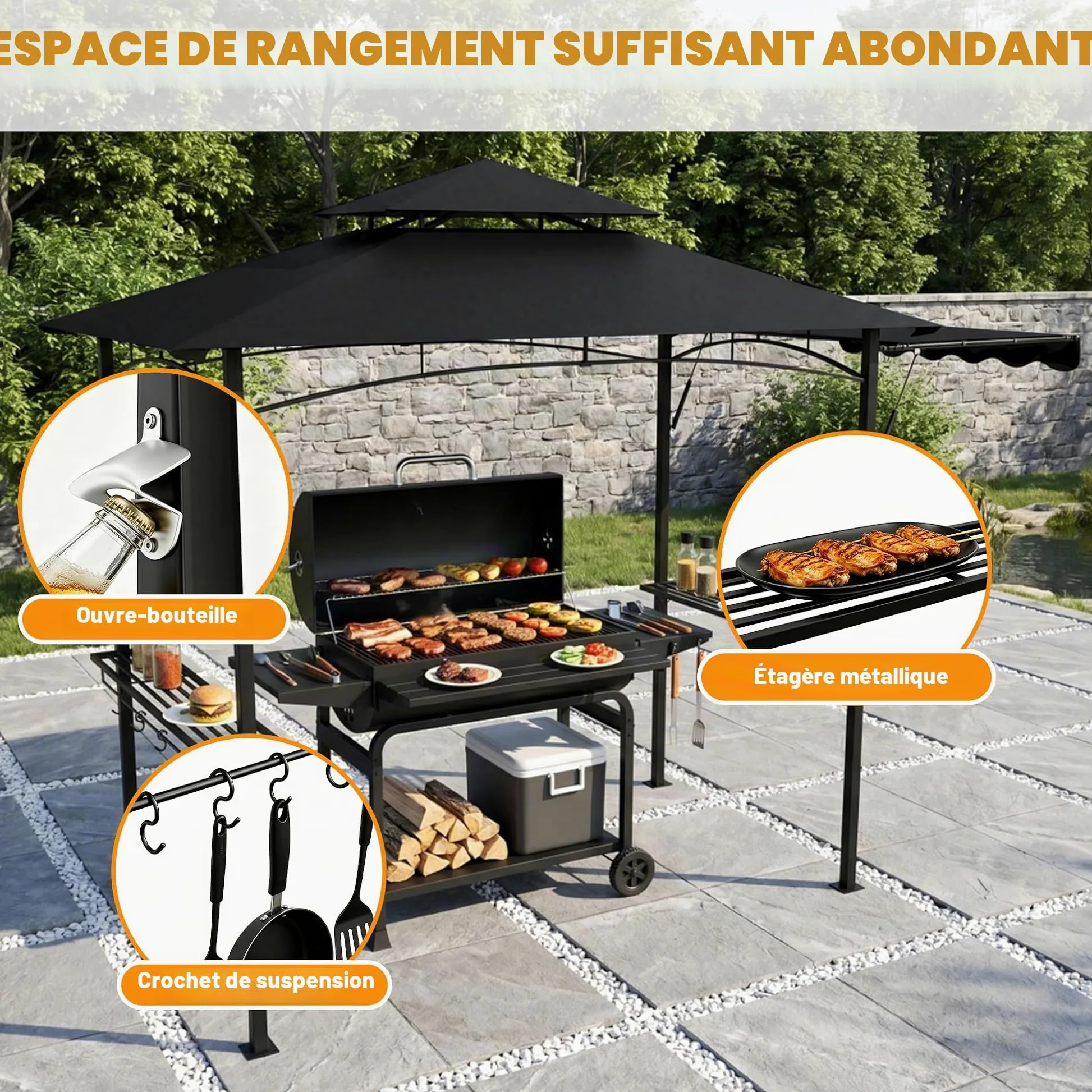 Tonnelle pour barbecue noire avec double toit et store latéral escamotable, 245x141 cm - Tonnelle pour barbecue avec cadre en métal et étagères pratiques, abris de jardin résistants aux