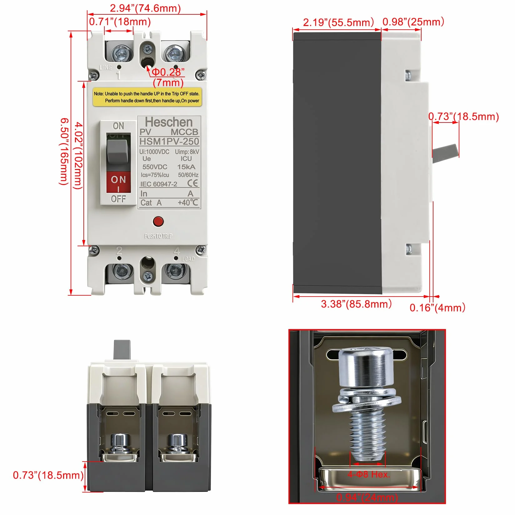 Heschen Disjoncteur DC MCCB 2 Pôles DC550V Photovoltaïque 200A HSM1PV-250
