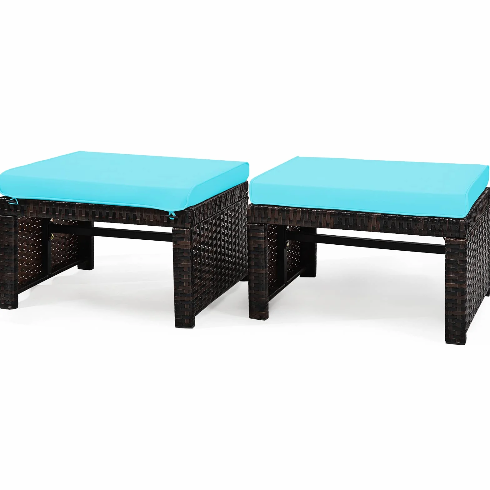 GIANTEX Lot de 2 Tabourets en Rotin de Jardin, Repose-Pieds pour Chaises Longues avec Coussin Imperméable Amovible, Poufs pour Siège de Jardin, Patio, Terrasse, 49 x 40 x 33 CM (Turquoise)