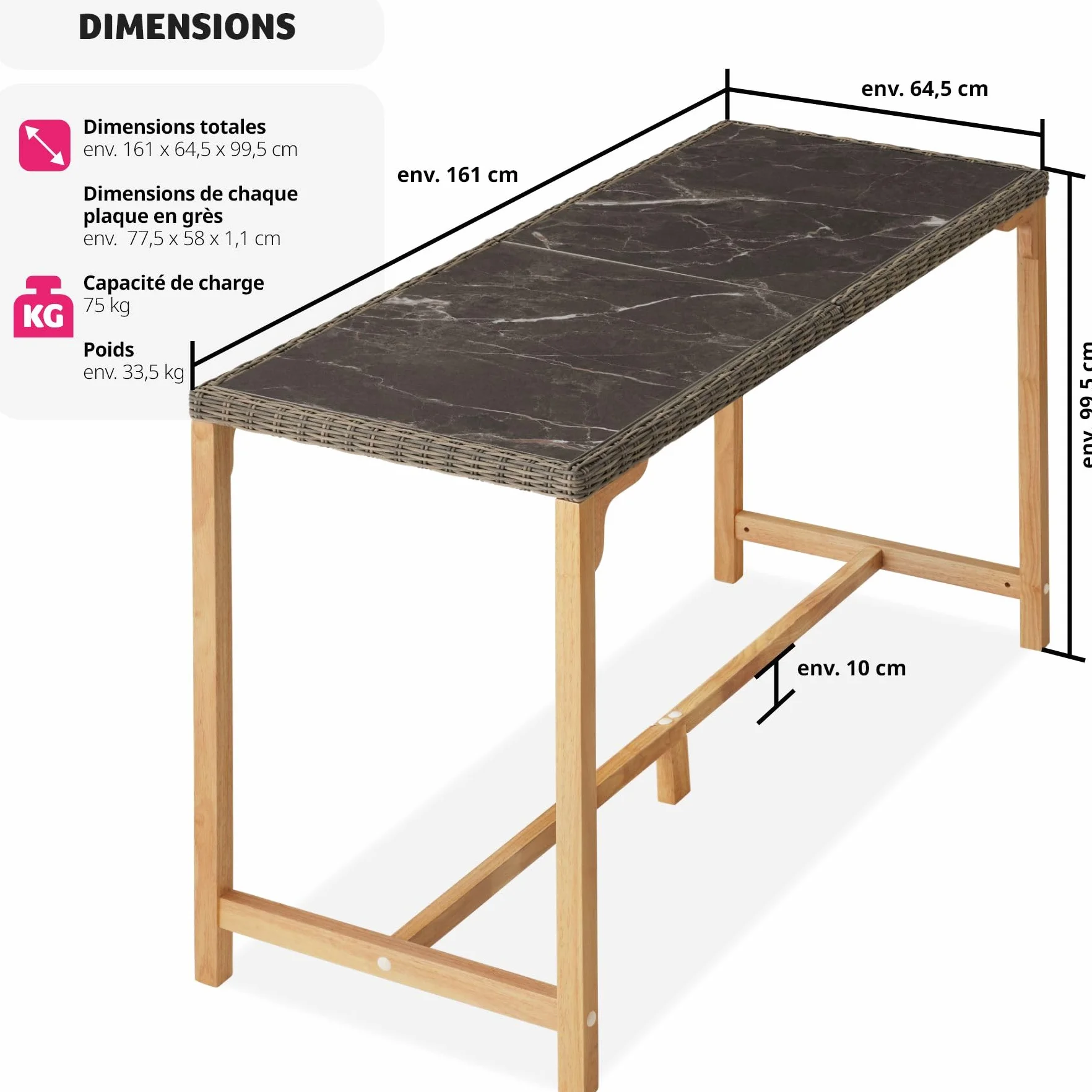 tectake® Table de Bar Haute Extérieur en Résine Tressée & Grès cérame Fin marbré Résistante aux intempéries pour Salon de Jardin, Structure en Aluminium & Bois Massif, Mobilier de Jardin