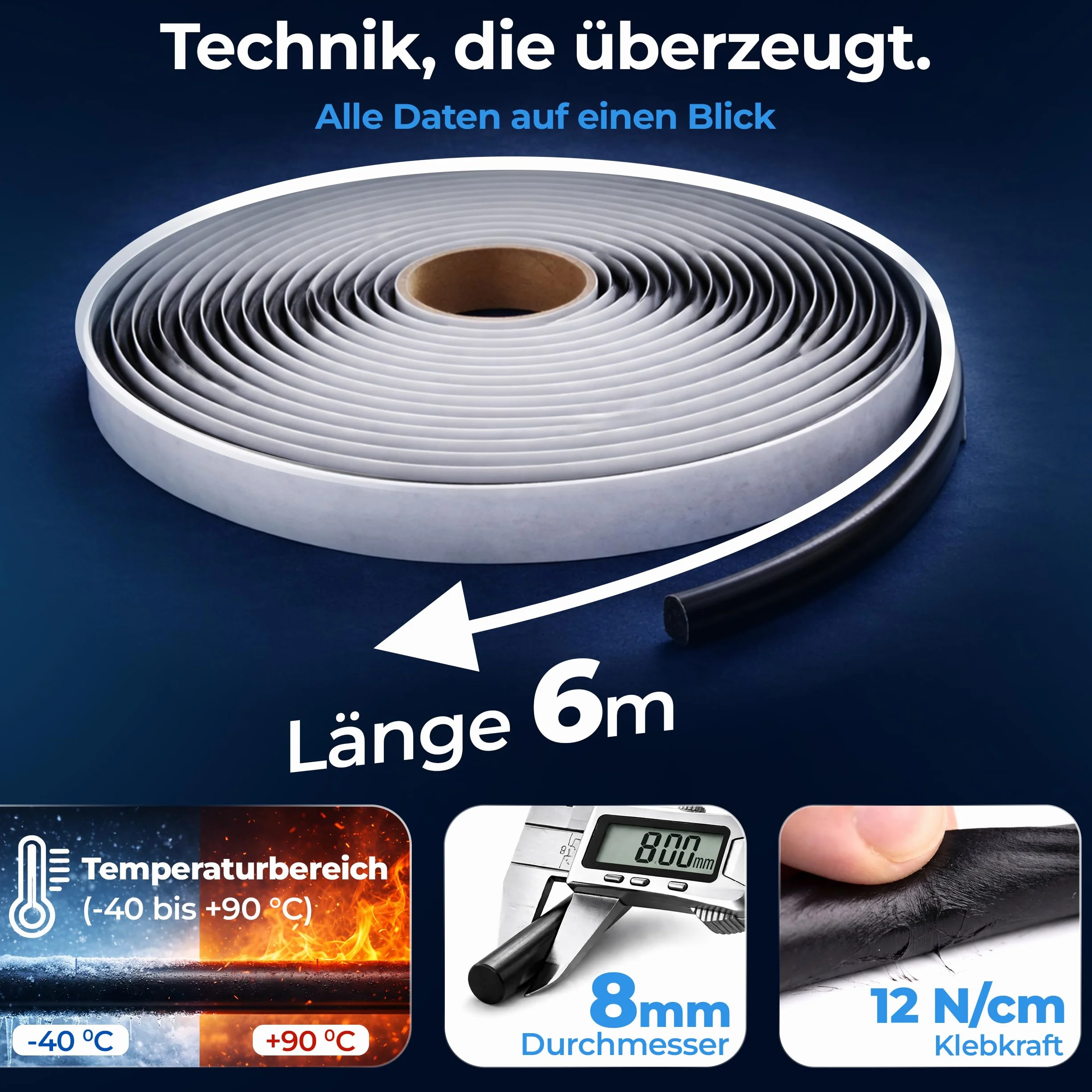 Ruban mastic rond en caoutchouc butyle 8 mm x 6 m Noir
