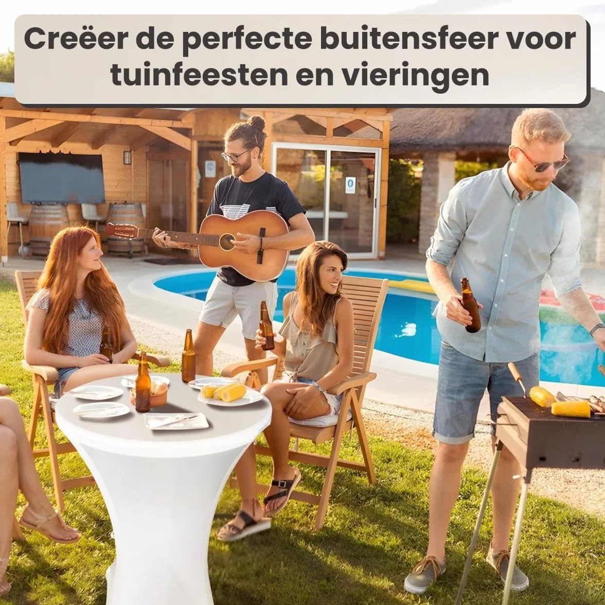 Tables Debout Lot de 2 avec Housses Blanches Ø80x110 cm - Tables de Fête Pliantes avec Plateau HDPE Résistant à l'eau et Cadre en Acier - Idéal pour Fêtes, Mariages & Evénements