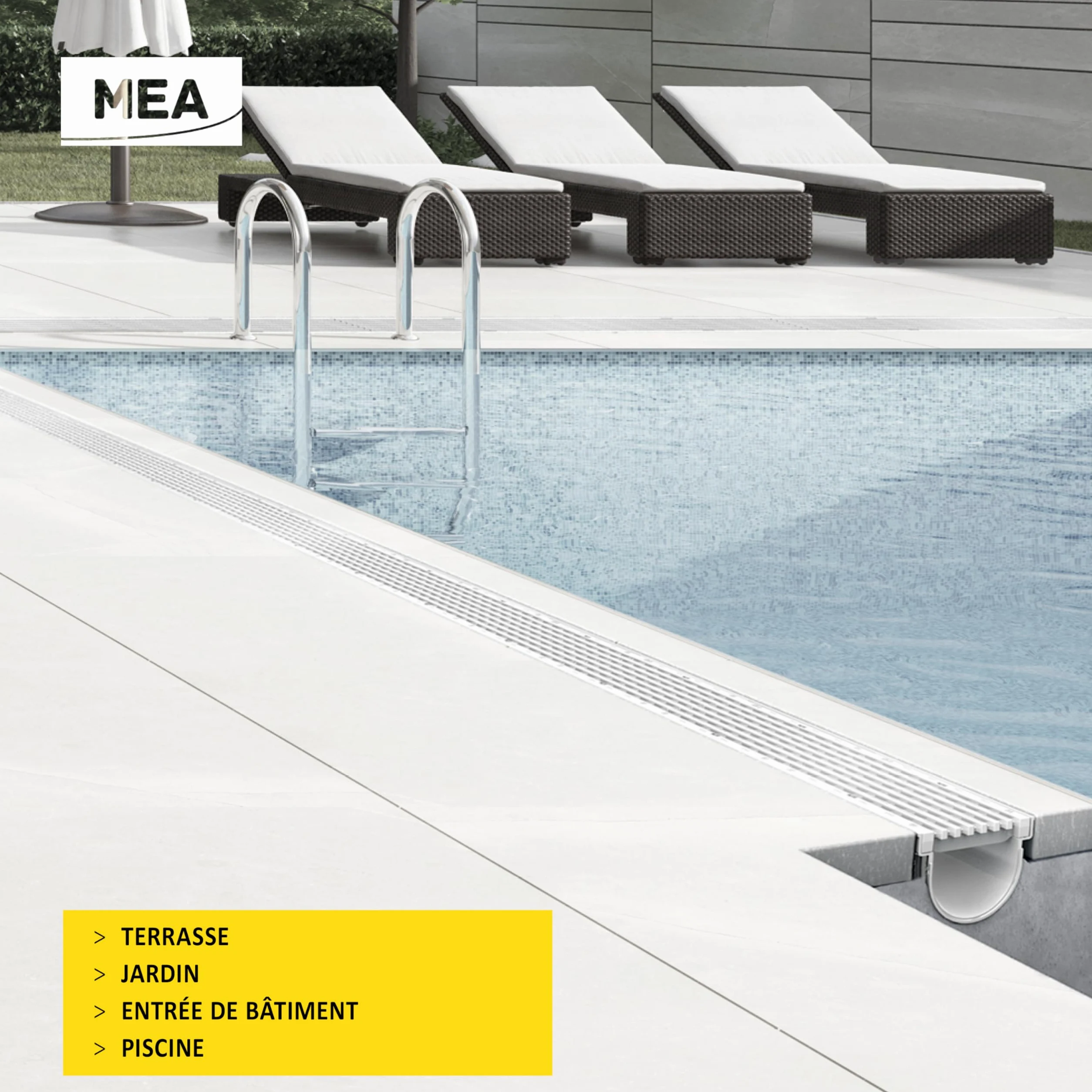 MEA Pack de 6 Caniveaux Extérieurs DECOLINE – Grille en Plastique Recyclé Gris – Drainage Terrasse, Piscine, Jardin – Classe A15 Piéton – Largeur utile 10 cm