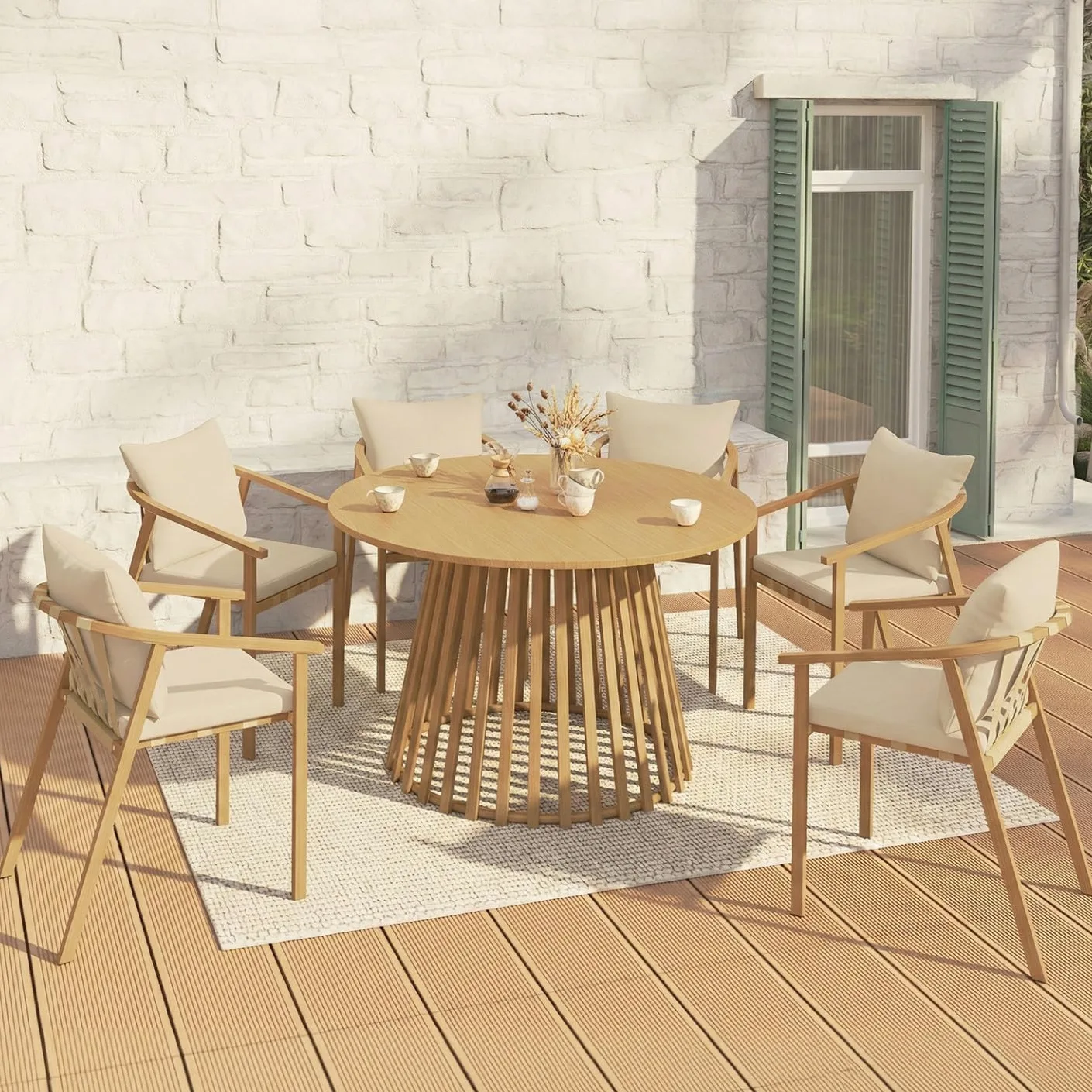 IDMarket - Salon de Jardin SOLAL Table Ronde 120 cm avec Pied Lattes en métal et 6 chaises de Jardin avec lanières et Coussins Beiges