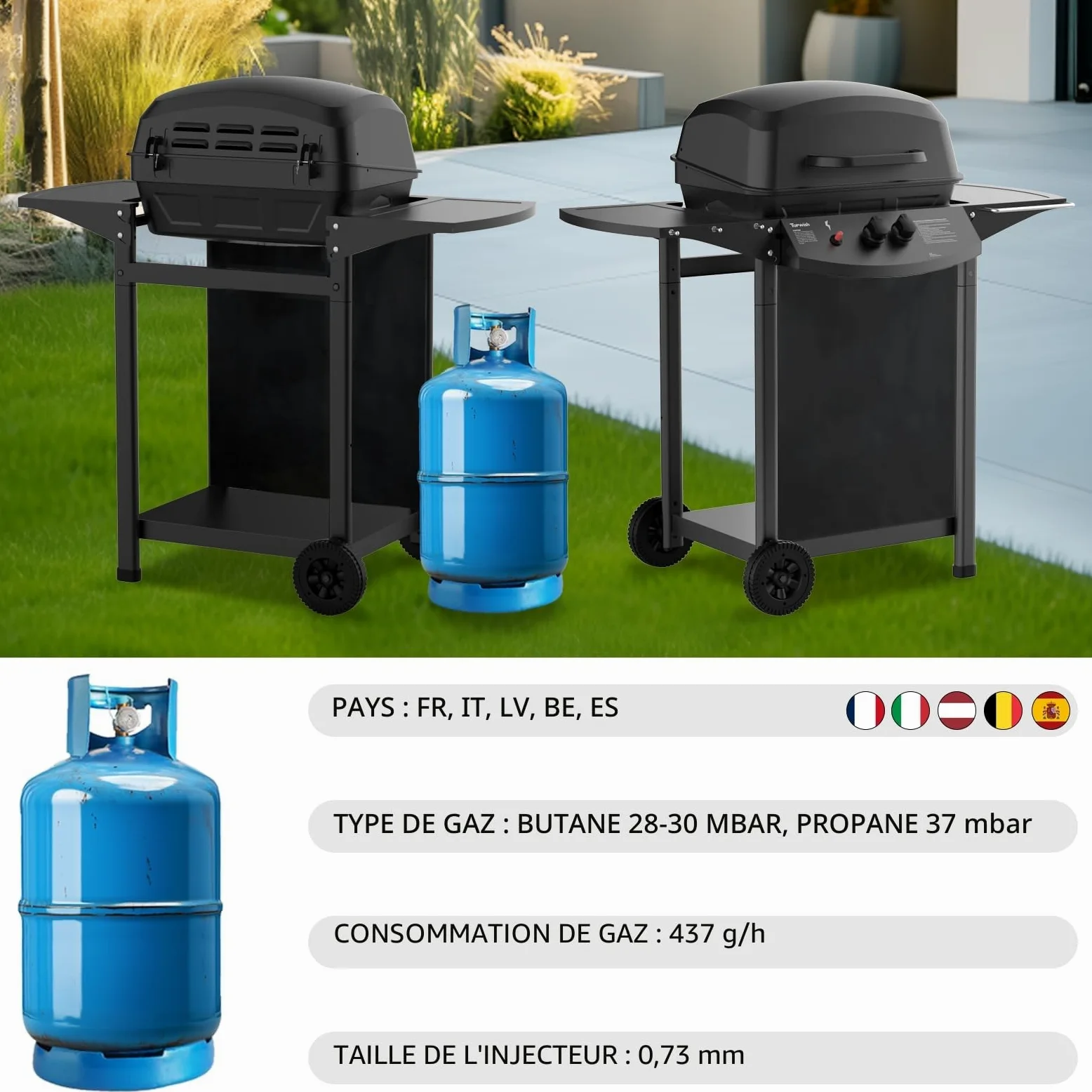 Topwish barbecue gaz, barbecues à gaz 2 brûleurs,plancha gaz exterieur,étagère rabattable en latéral, sur roulettes,6000W,106.44 * 55.6 * 103.85cm