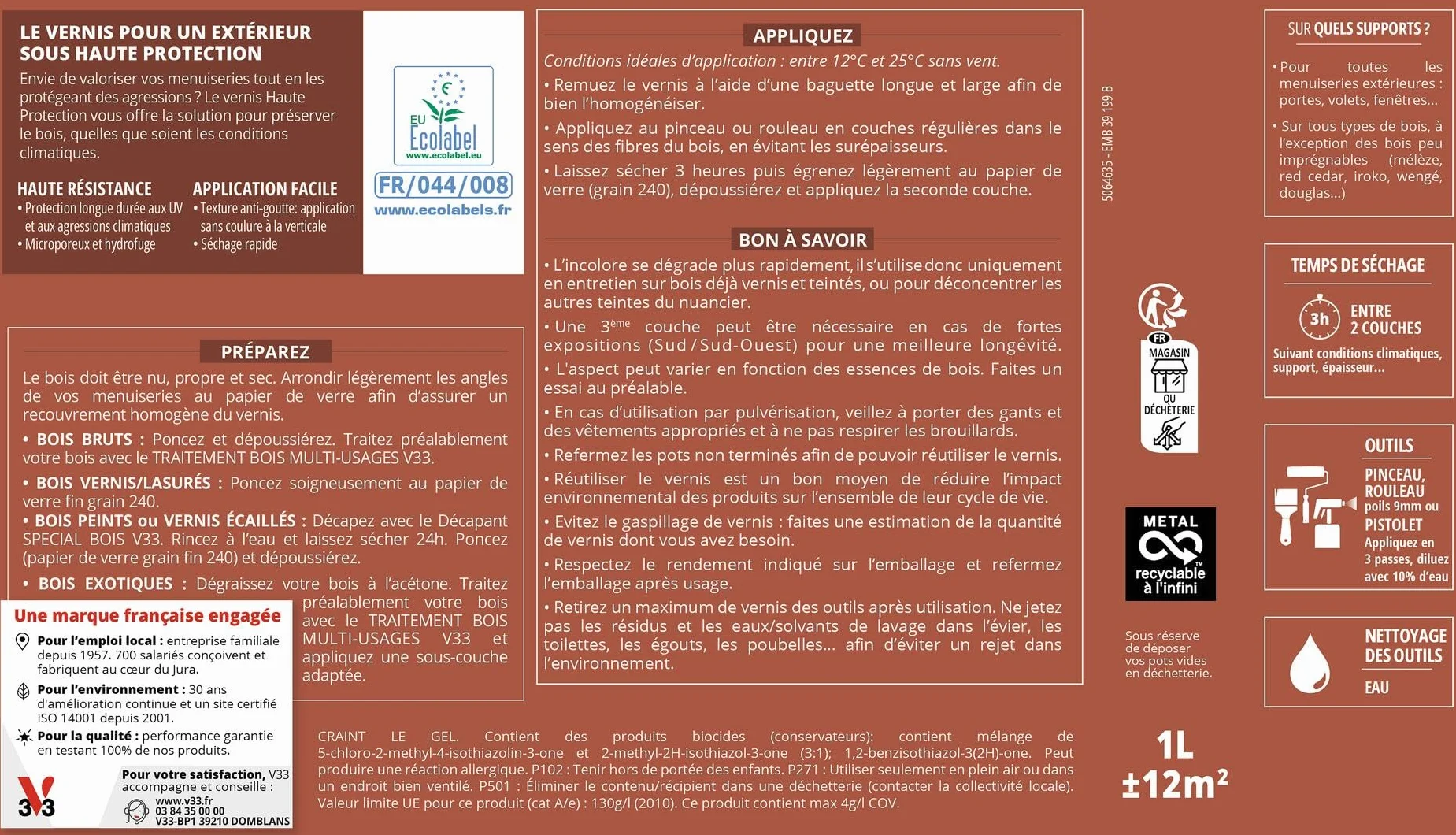 V33 Vernis bois extérieur Chêne clair satin 0,5L Haute Protection Anti-UV Anti-rayures