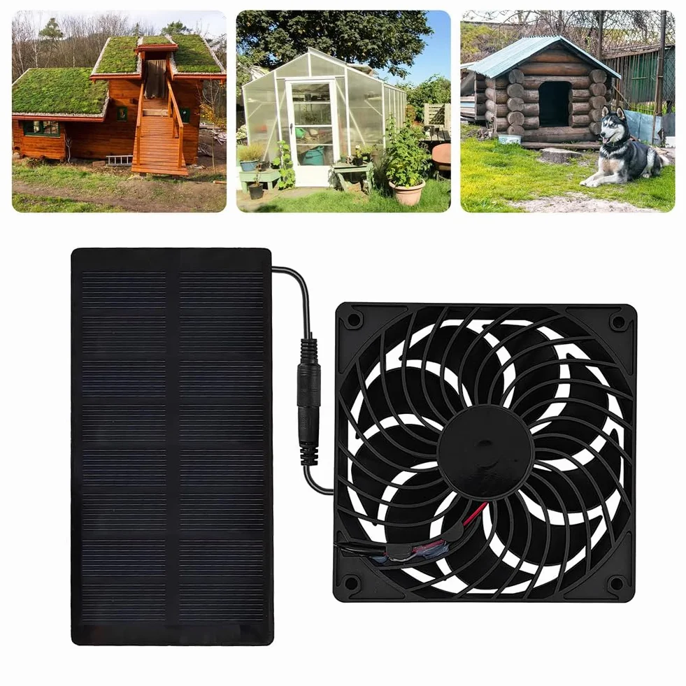 Ventilateur solaire de 120 mm CC - Panneau polycristallin pour la circulation de l'air - Design compact pour serre, terrasse, abri de jardin, camping