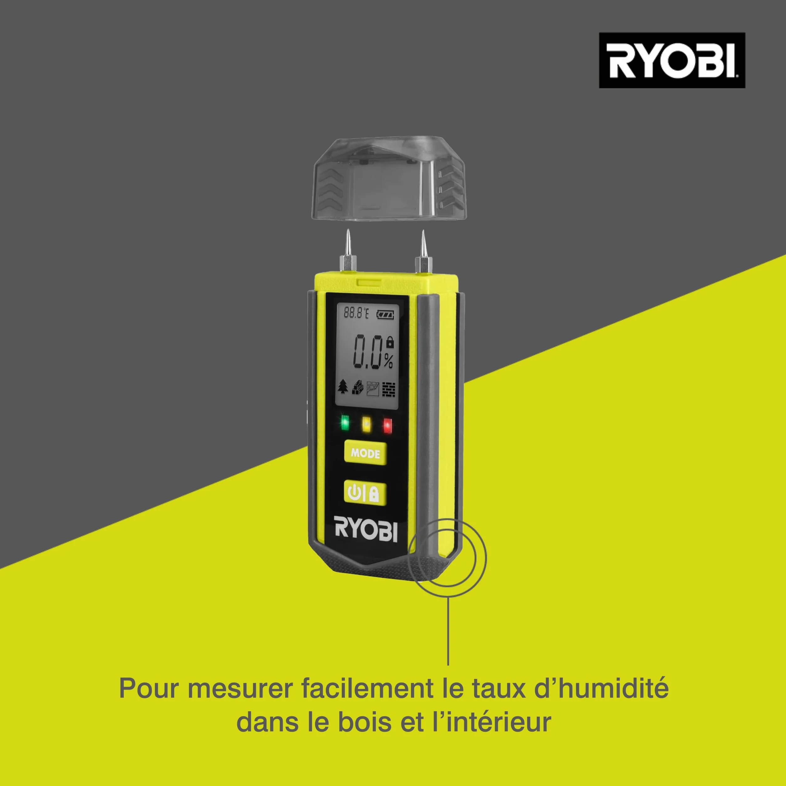 RYOBI Testeur d’Humidité RBPINMM1 Détection Bois Matériaux Bâtiment Grand Écran LCD Compact