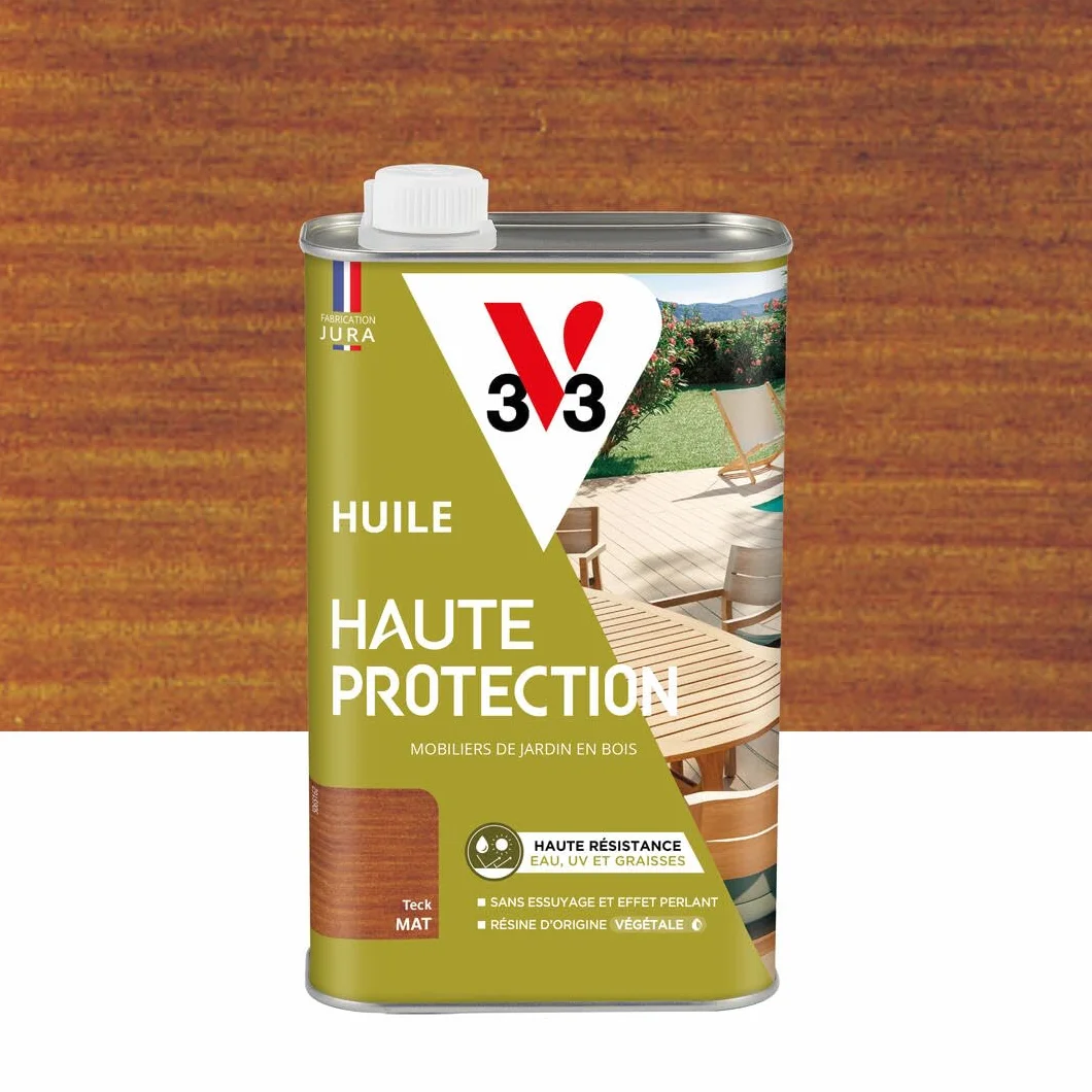 V33 Huile bois extérieur Haute Protection Teck mat 1L - Haute résistance eau UV graisses