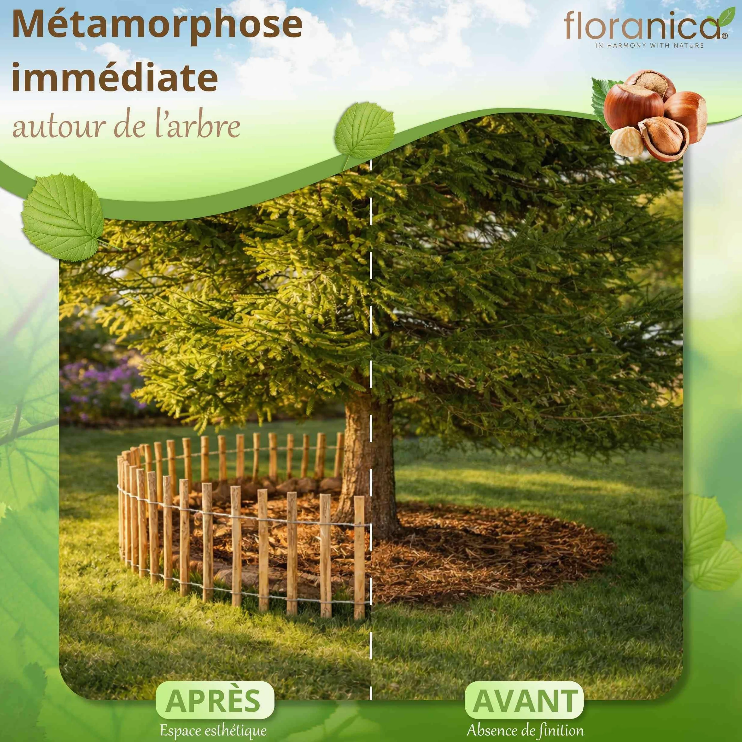 Floranica clôture en noisetier châtaignier 10 m x 50 cm de hauteur, écart entre les lattes 8-10 cm, bordure de jardin