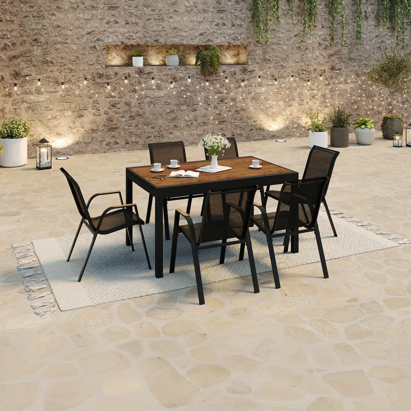 Salon de Jardin NOUMEA Table Extensible 135/270 cm Plateau Effet Bois 12 Chaises Empilables Noir Bois