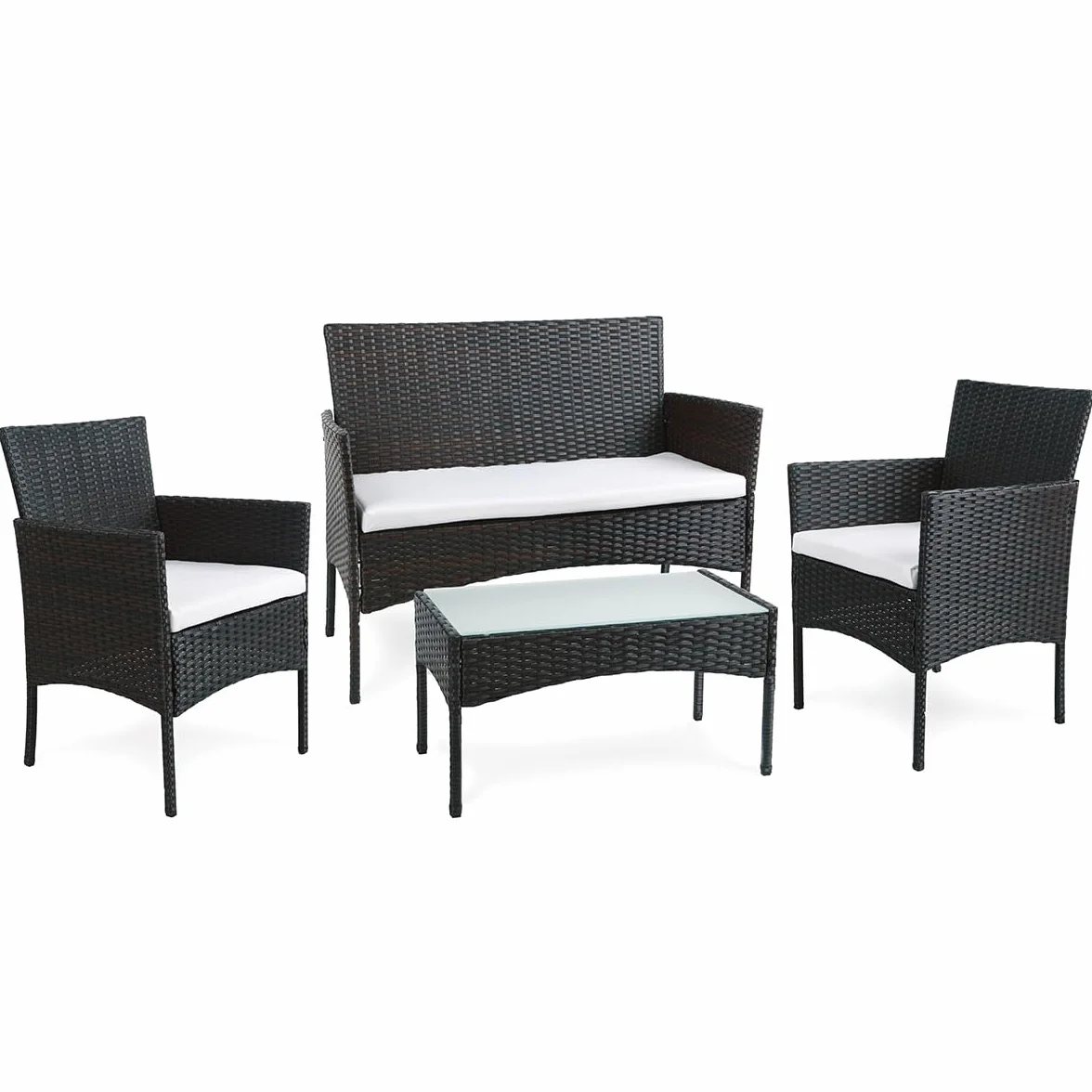 BENEFFITO Tulum - Salon de Jardin en résine tressée 4 Places: 1 canapé, 2 fauteuils, 1 Table Basse - Coussins déperlants et déhoussables avec Fermeture éclair - Noir/Beige