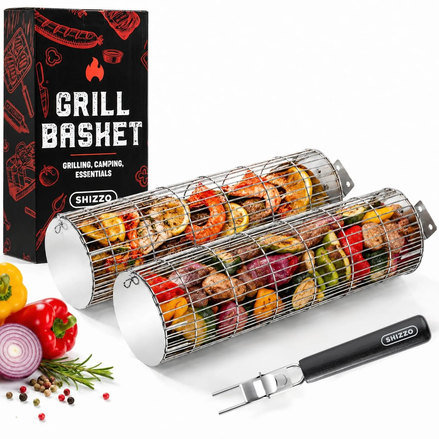 SHIZZO Panier À Grillades Roulant, Robuste, Cylindrique, En Acier Inoxydable De Qualité Alimentaire, Grand Support Portable Pour Barbecue De Camping, Grille De Cuisson Pour Poisson, Lot De 2