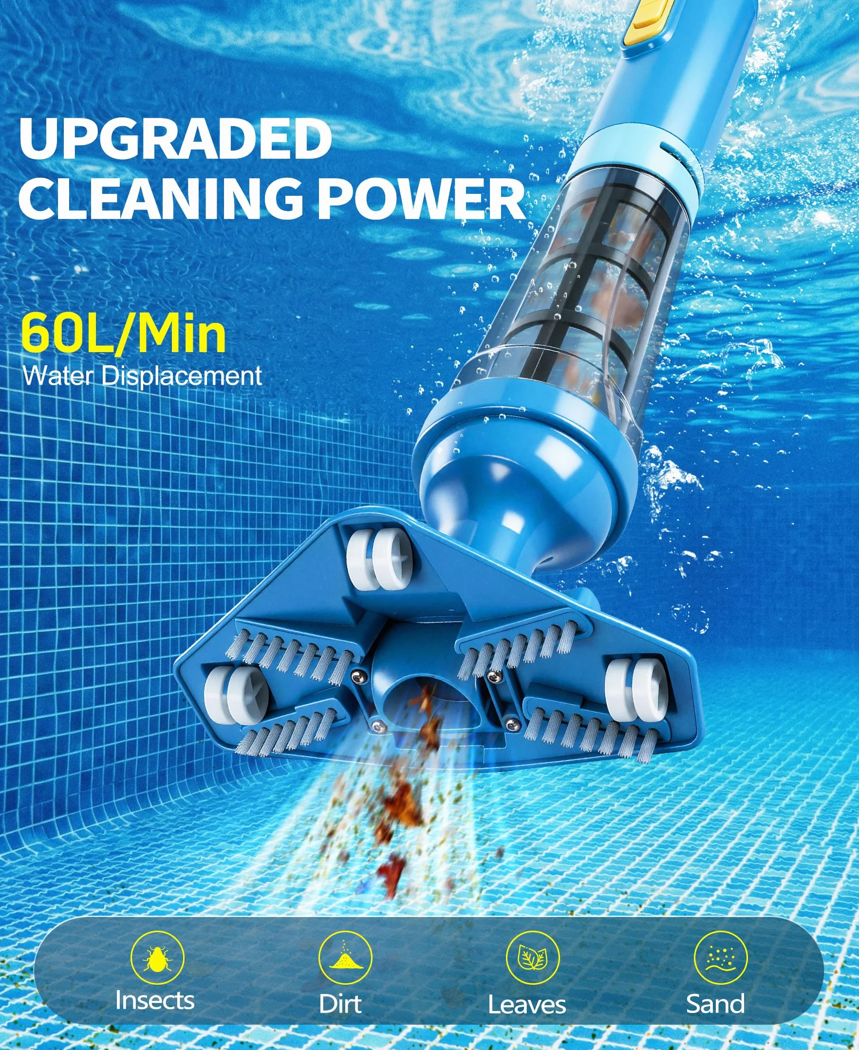 LanBlu Aspirateur Piscine sans Fil avec Perche Rétractable, 60L/Min Aspirateur Spa Manuel Durée de Fonctionnement Jusqu'à 90 Minutes, 5200mAh Portable Rechargeable Balai Aspirateurs Piscine Hors Sol