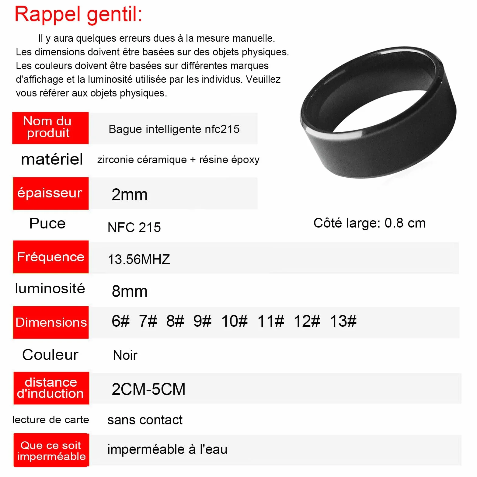 Anneau universel imperméable en céramique NFC Forum Type 2 496 octets pour téléphone portable