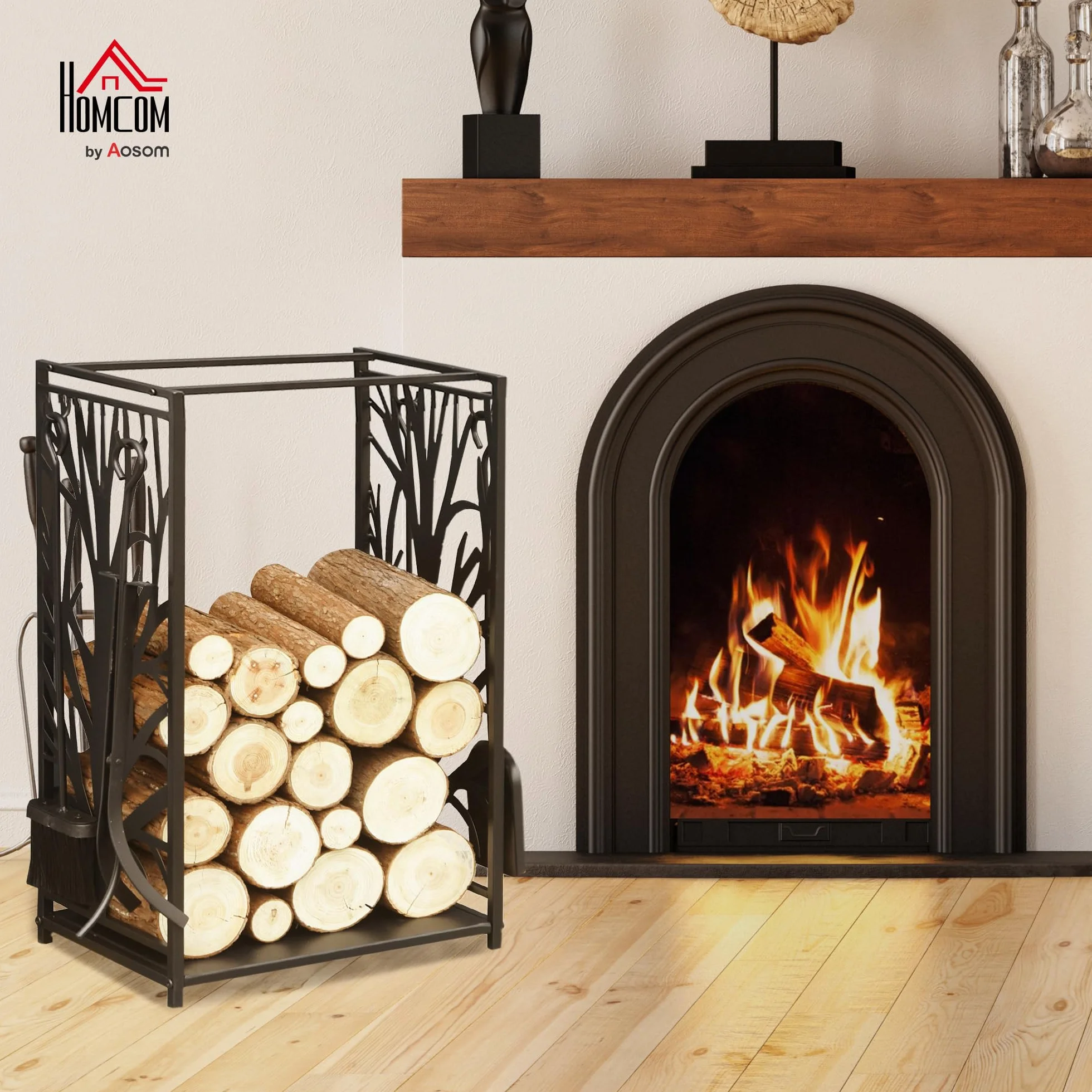 HOMCOM Porte bûches - Range bûches Serviteur de cheminée Arbre - Multi Accessoires étagère 46L x 29l x 70H cm Acier Noir