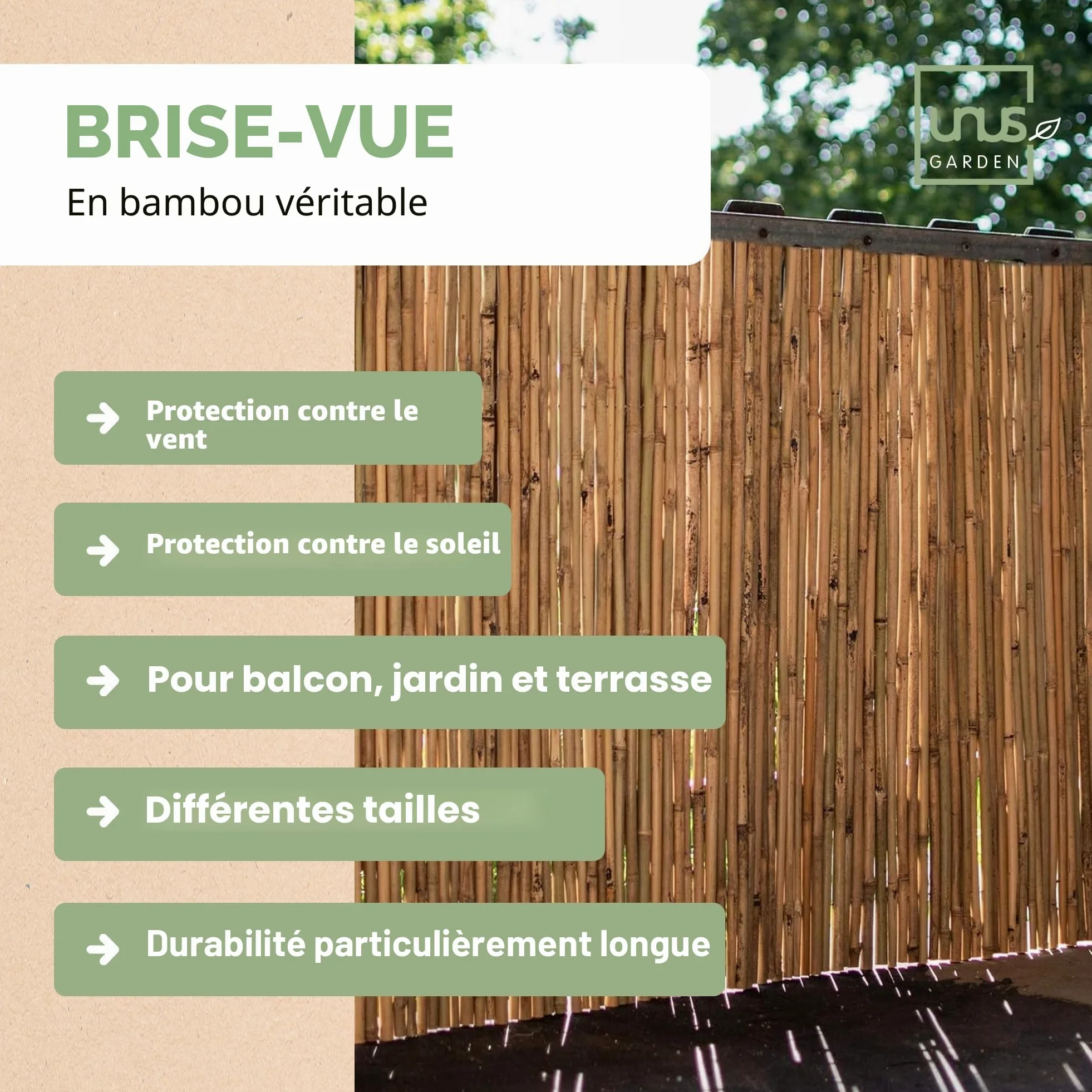 Brise-vue en bambou UNUS Différentes tailles disponibles Clôture pour terrasse, balcon et jardin Coupe-vent