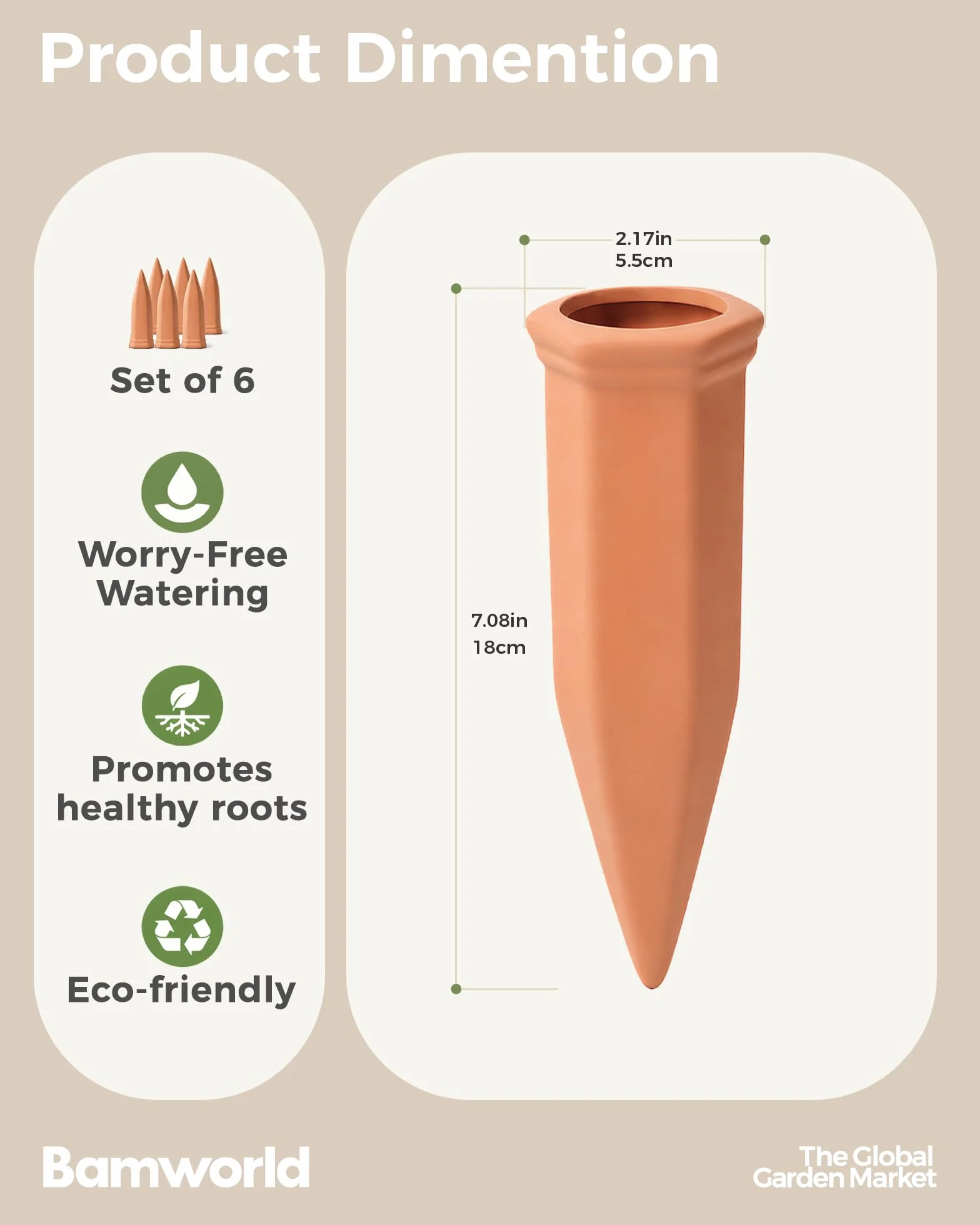 Bamworld Ollas d'Arrosage 6 Pièces Cônes d'Irrigation en Terre Cuite, Système Autonome Goutte à Goutte pour Plantes, Arrosage Automatique pour Vacances Jardin Intérieur et Extérieur