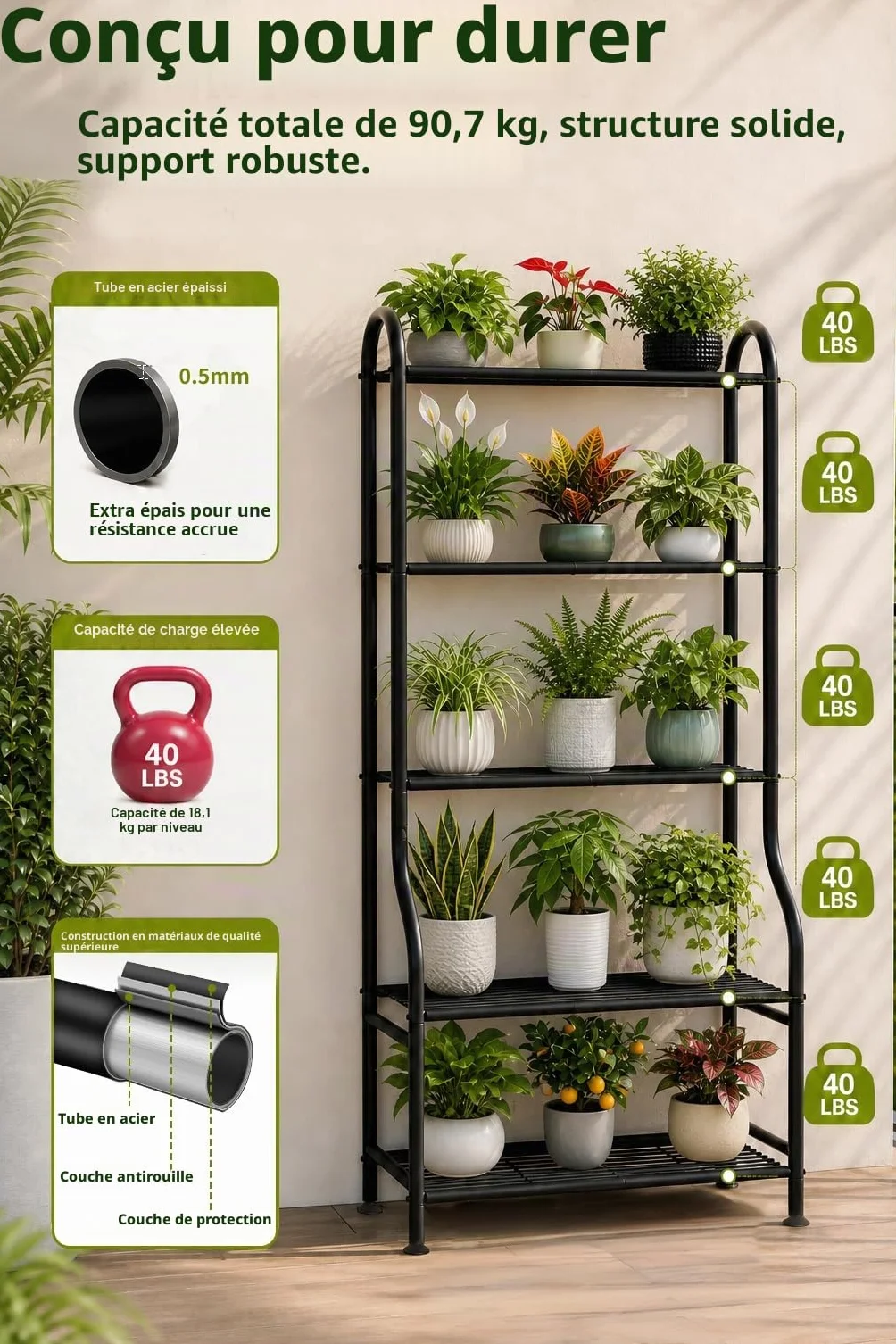 Support en métal pour plantes 5 niveaux 165 cm étagère verticale robuste avec pieds réglables