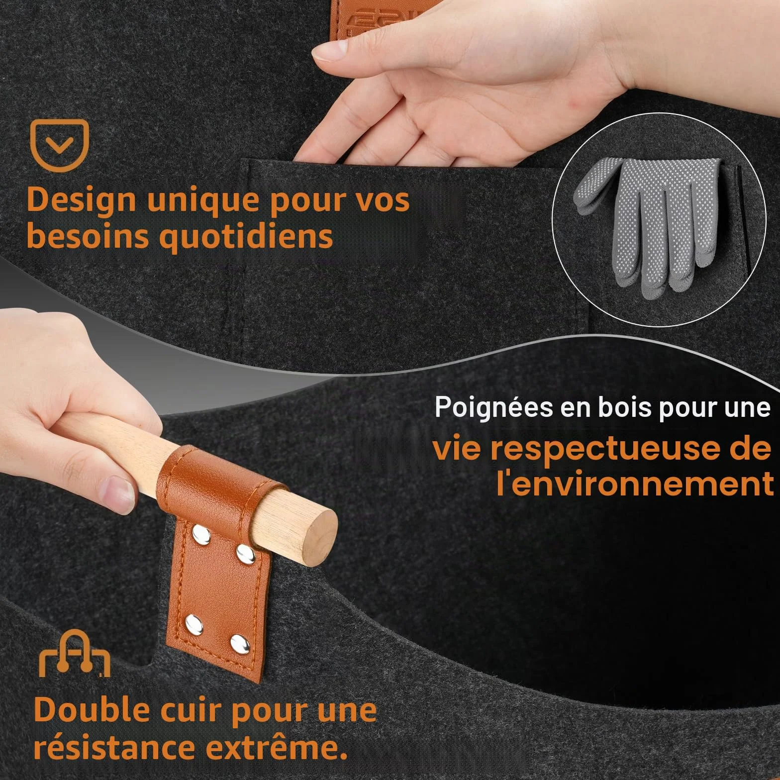 Panier à bois pour bois de cheminée - Taille XXL - Avec double cuir renforcé - 100 l - En feutre - Avec poche avant - Pliable - 60 x 40 x 40 cm