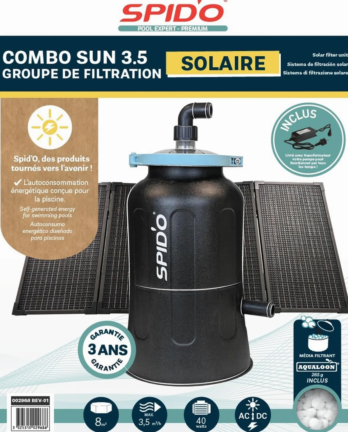 SPID’O Combo Sun 3.5 Filtration Piscine Solaire Hybride 3,5 m³/h Consommation Réduite x8 Panneaux Inclus