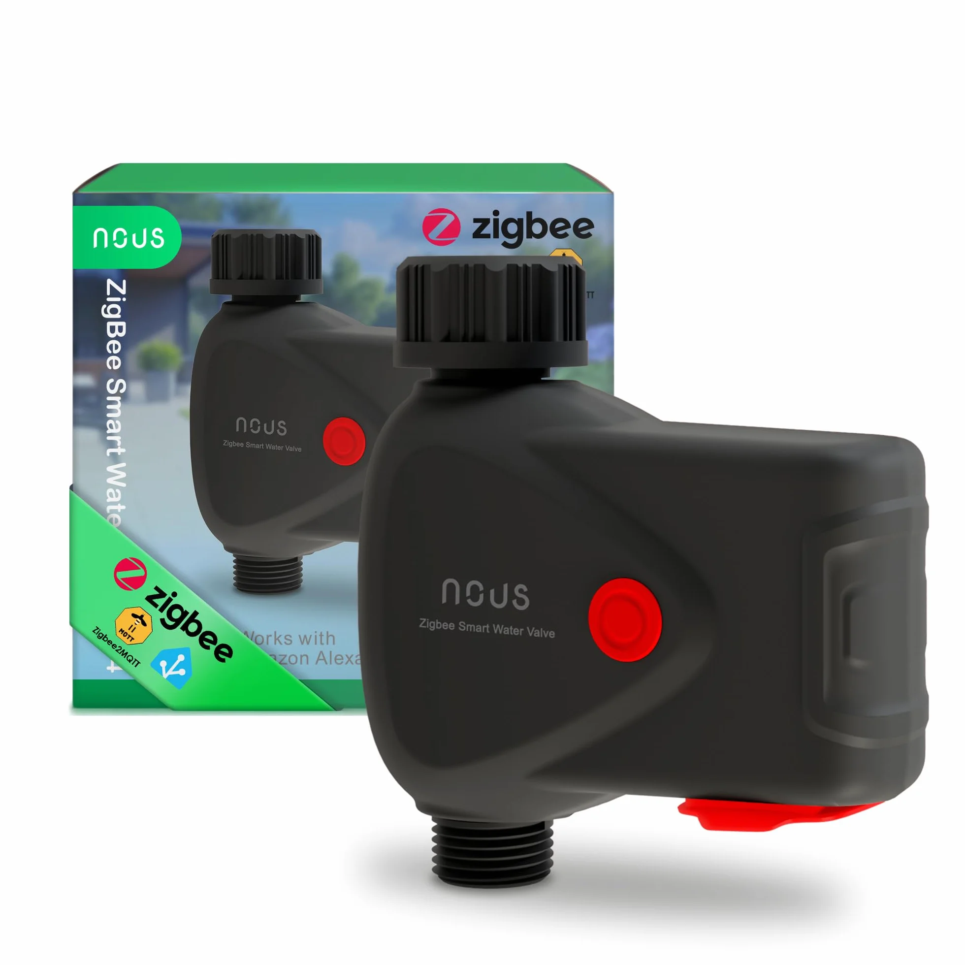 Nous ZigBee Smart Robinet Valve Contrôle d'Arrosage IP66 Compatible avec Alexa, Google Assistant, Smart Life, Minuterie et Télécommande APP Alimentée par Piles 3/4" pour Jardin, ZigBee-Hub Erfo