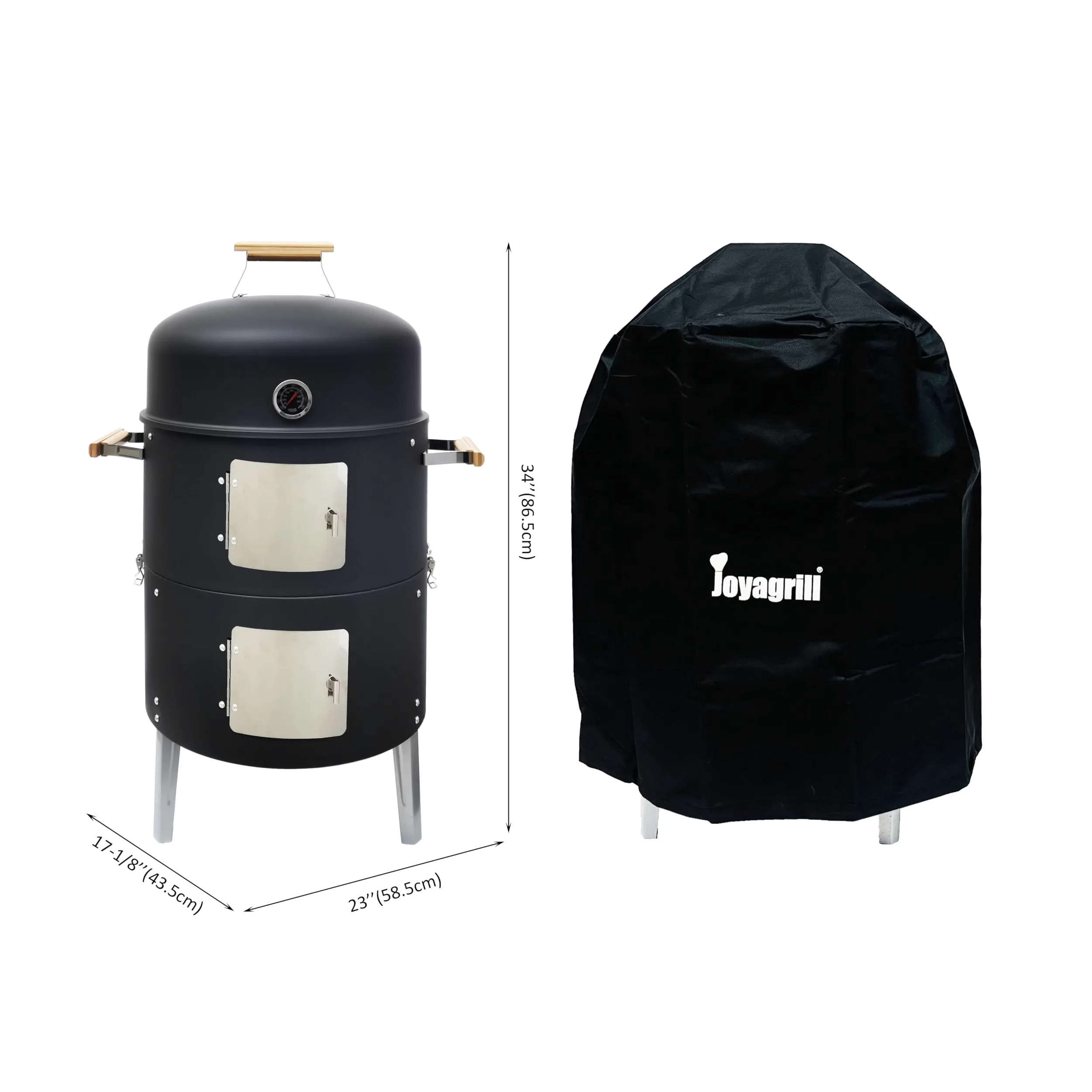 Barbecue fumoir de 17-1/2" avec couvercle, thermomètre intégré, aération et portes d'accès, deux couches, barbecue multifonction avec 3 poignées en bambou, idéal pour les fêtes, le camping