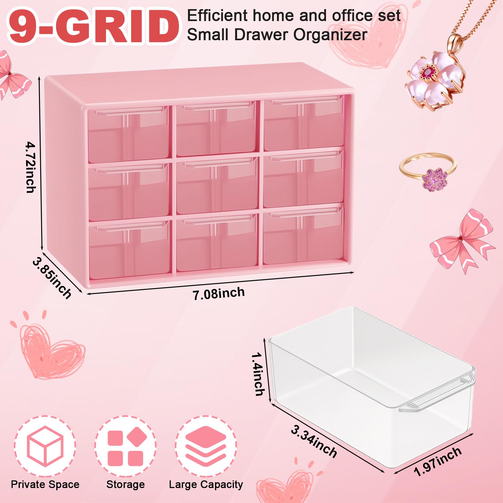 Pink Clear 9-Compartment Desk & Drawer Organizer