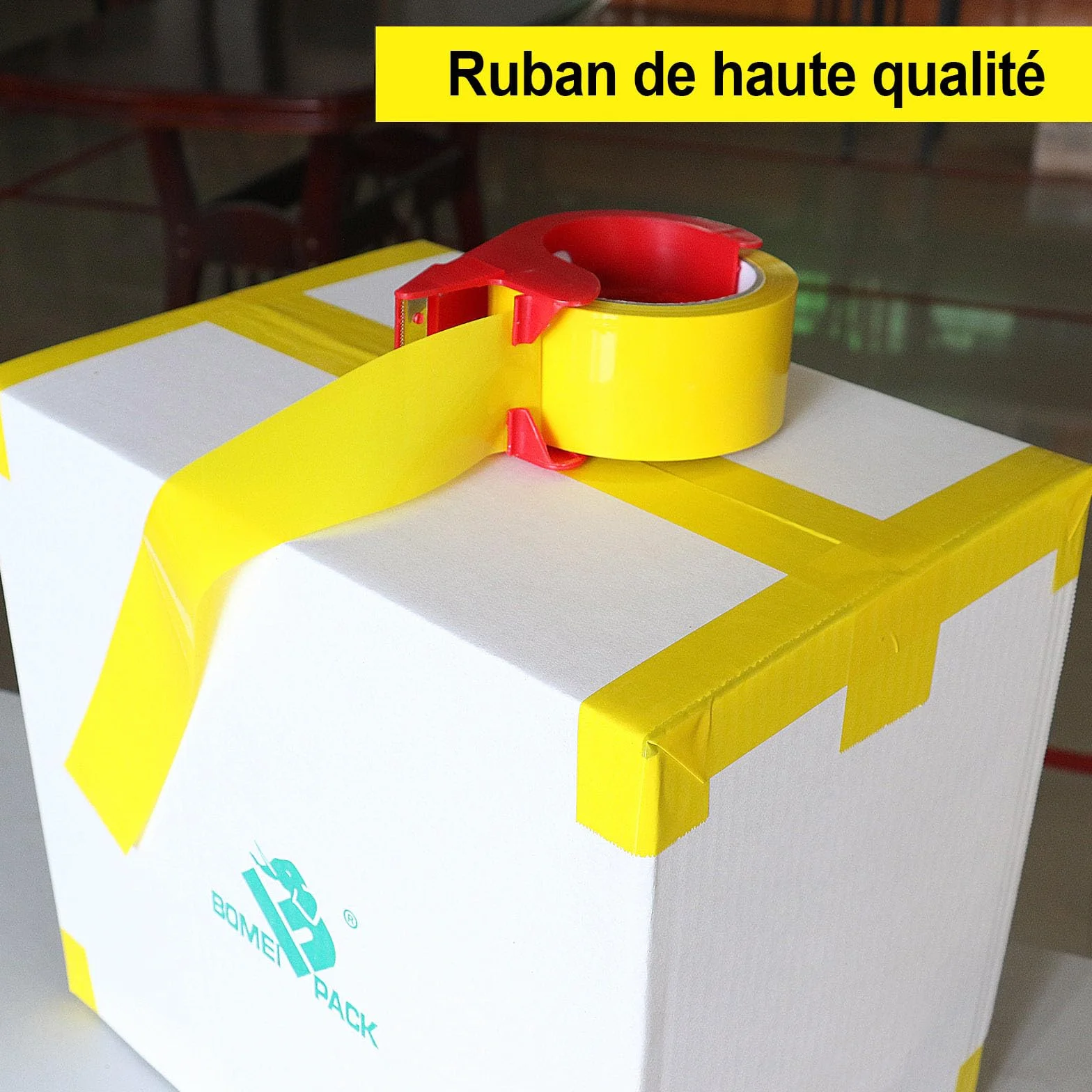 BOMEI PACK Ruban d’emballage 66m x 48mm 3 rouleaux avec dévidoir adhésif fort Jaune