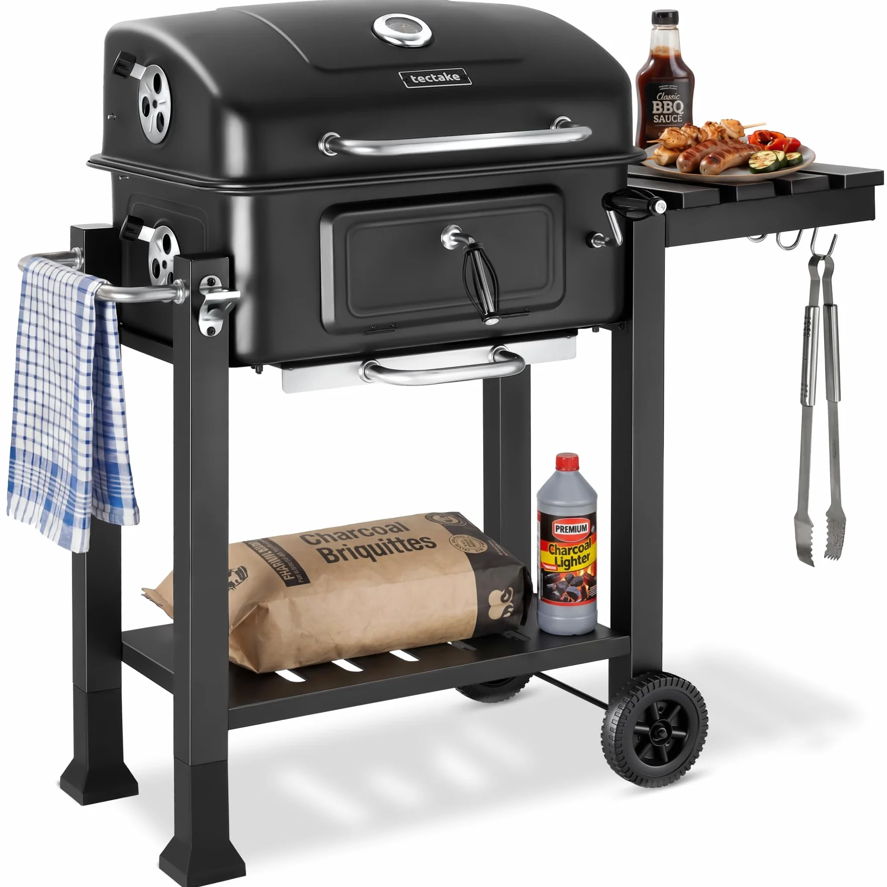 tectake® Barbecue au Charbon de bois 110x64x104 cm, Bac à charbon réglable en hauteur, Tiroir à cendres, 4 Volets d'aération, Thermomètre, 2 roues, Grilles, Tablette latérale rabattable, 3 crochets
