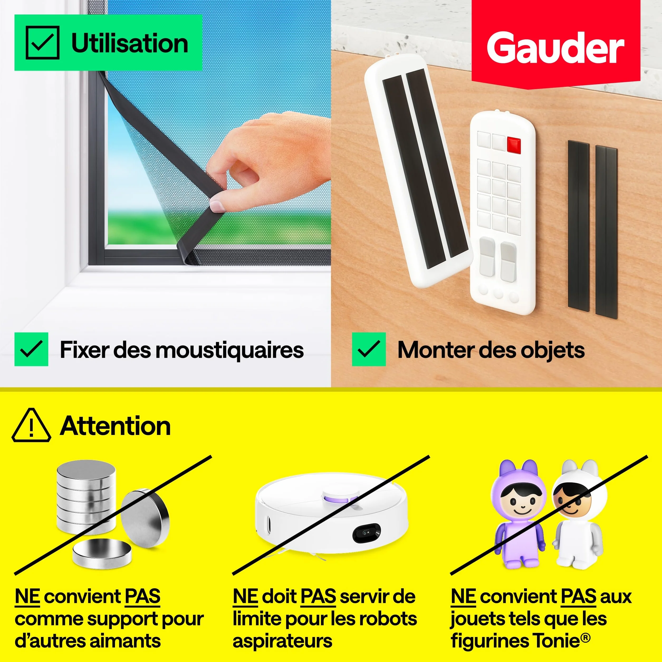 GAUDER Bande Magnétique A+B pour Moustiquaires (1+1 m) - Bandes Autocollantes Forte Attraction