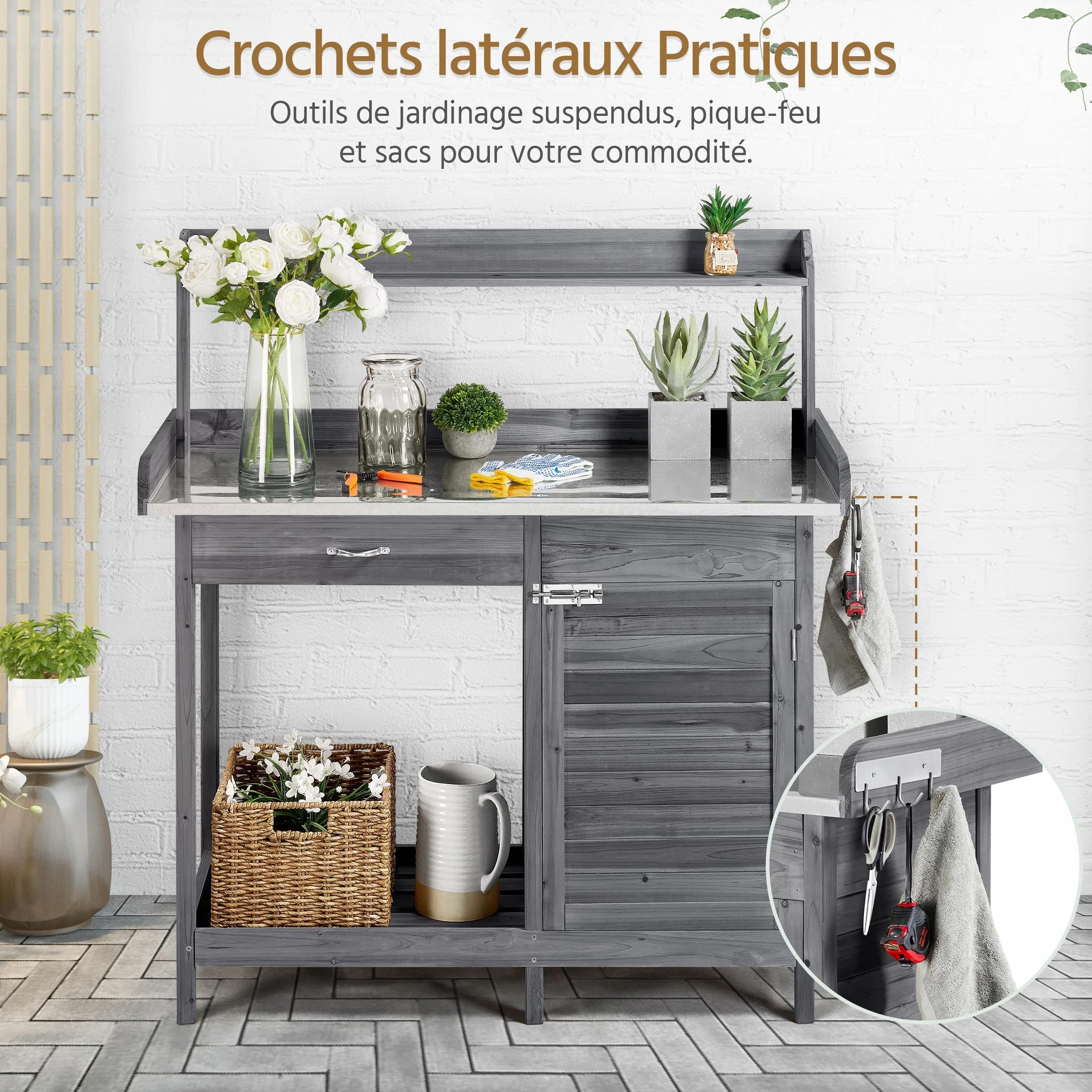 Yaheetech Table de Rempotage Jardinage avec Tiroirs Crochet Armoires Rangement Métallique Galvanisé Gris