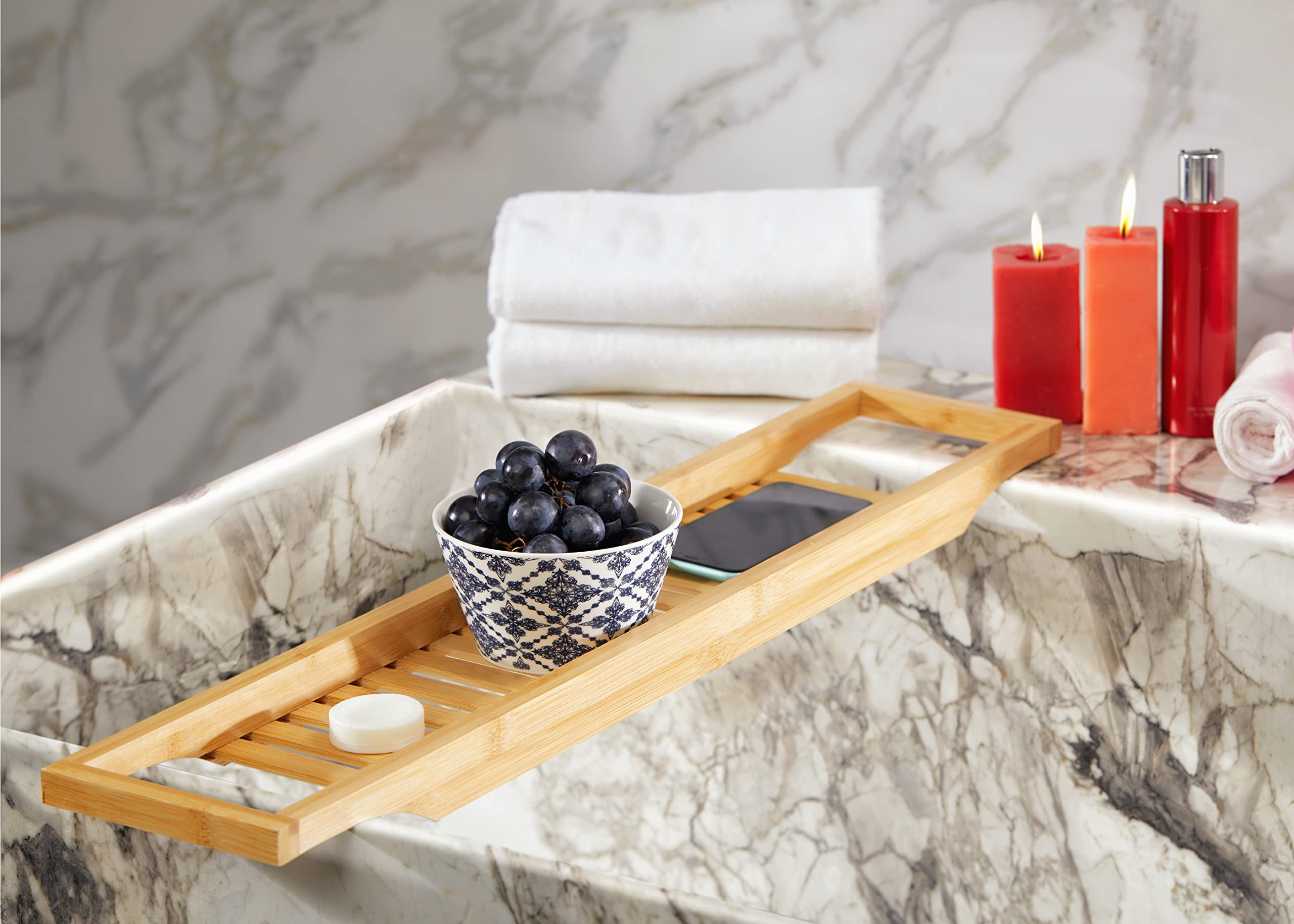 Elegant Bamboo Bathtub Caddy with Book and Wine Holder
