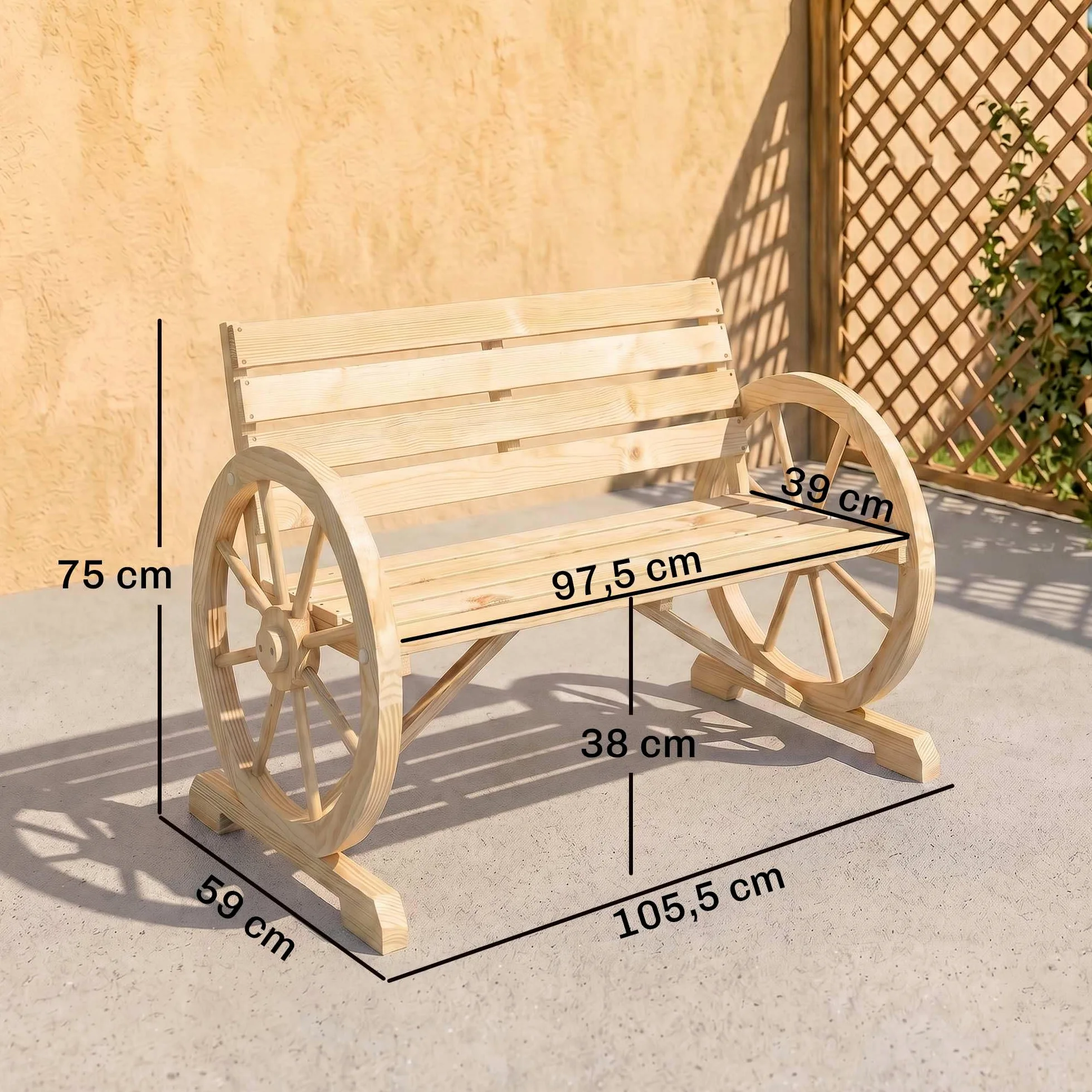 Outsunny Banc de Jardin Banc 3 Places Banc en Bois Style Rustique Chic accoudoirs Roues Charette Bois Sapin Effet Bois Naturel