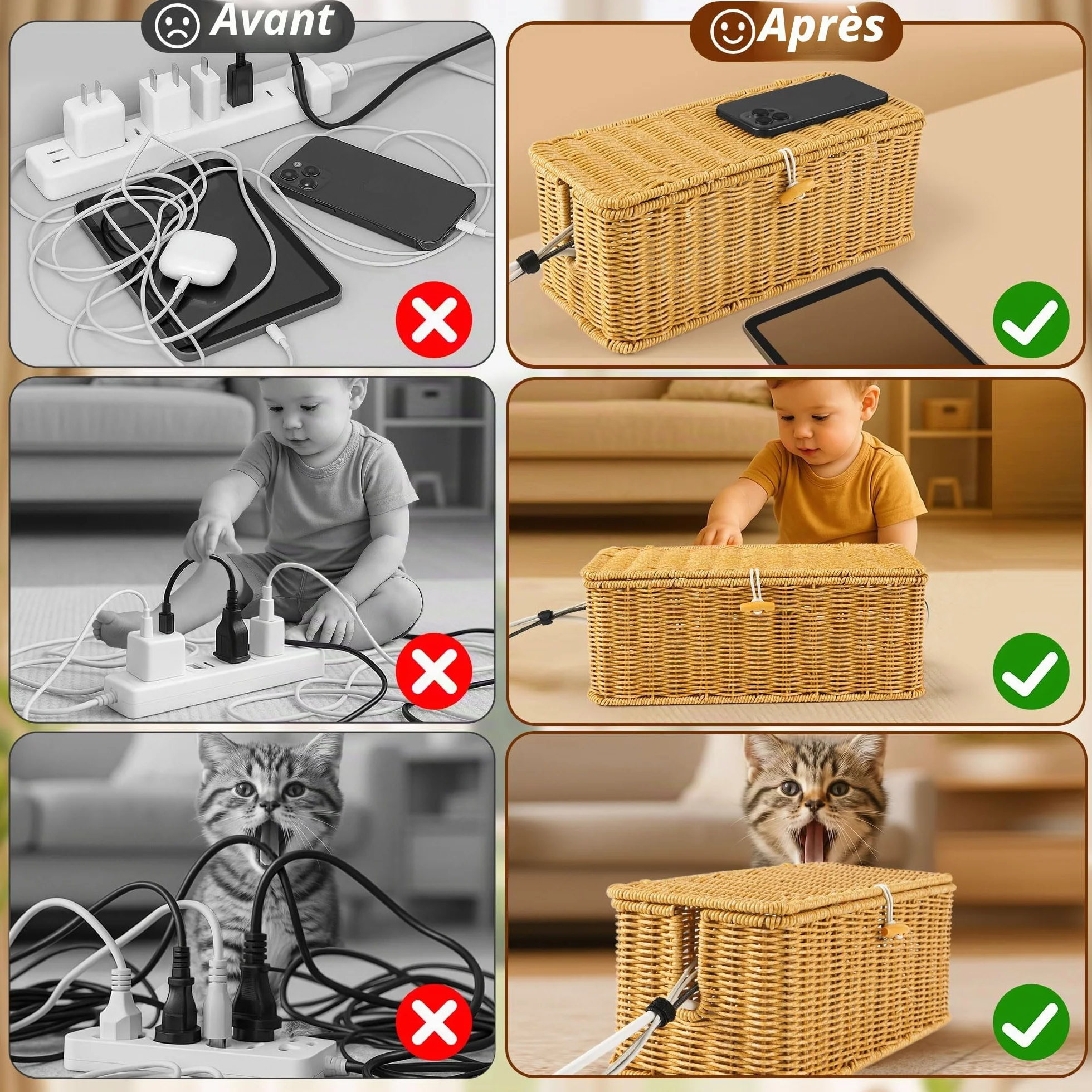 Gucass Lot de 2 Boîte Rangement Câble avec Couvercle, Boîte Organisation Câbles Rotin, Multiprise Cacher Câbles Grande Moyenne