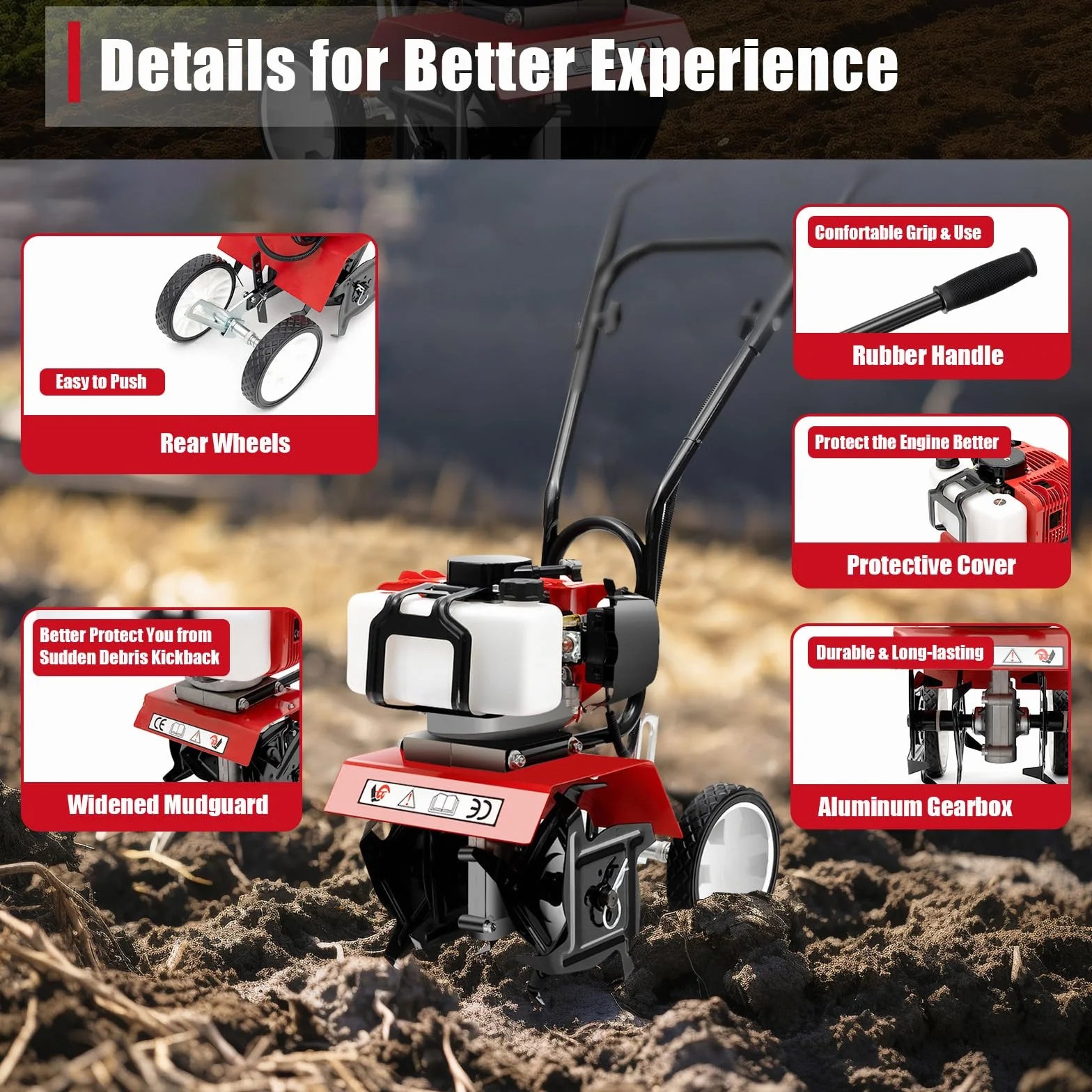 Motoculteur à Essence 52 cc - Moteur à 2 Temps - Mini Labour - Cultivateur Professionnel
