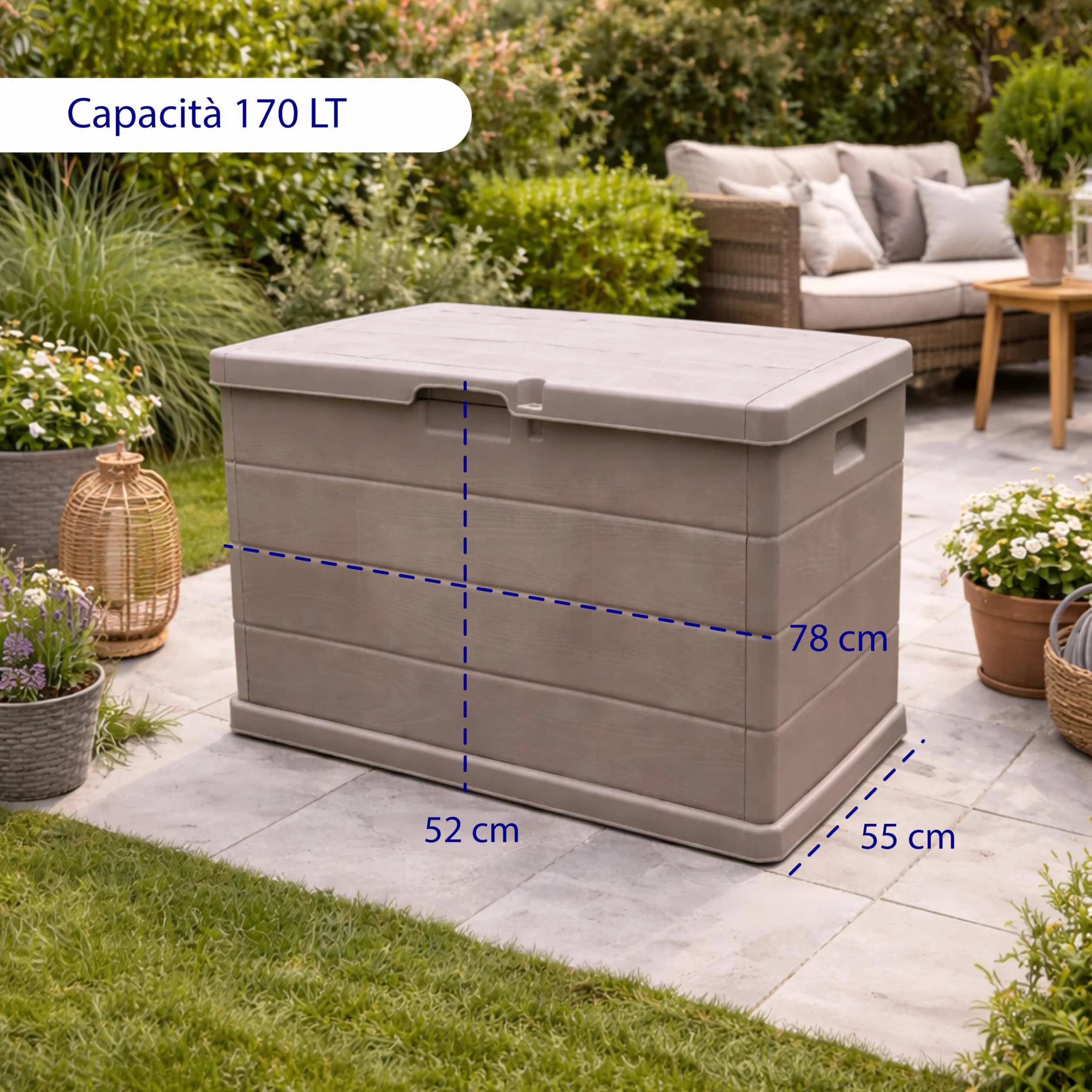 Baule Cassapanca Multi-usage 170LT Extérieur Intérieur Effet Bois Résine Taupe Conteneur Stockage