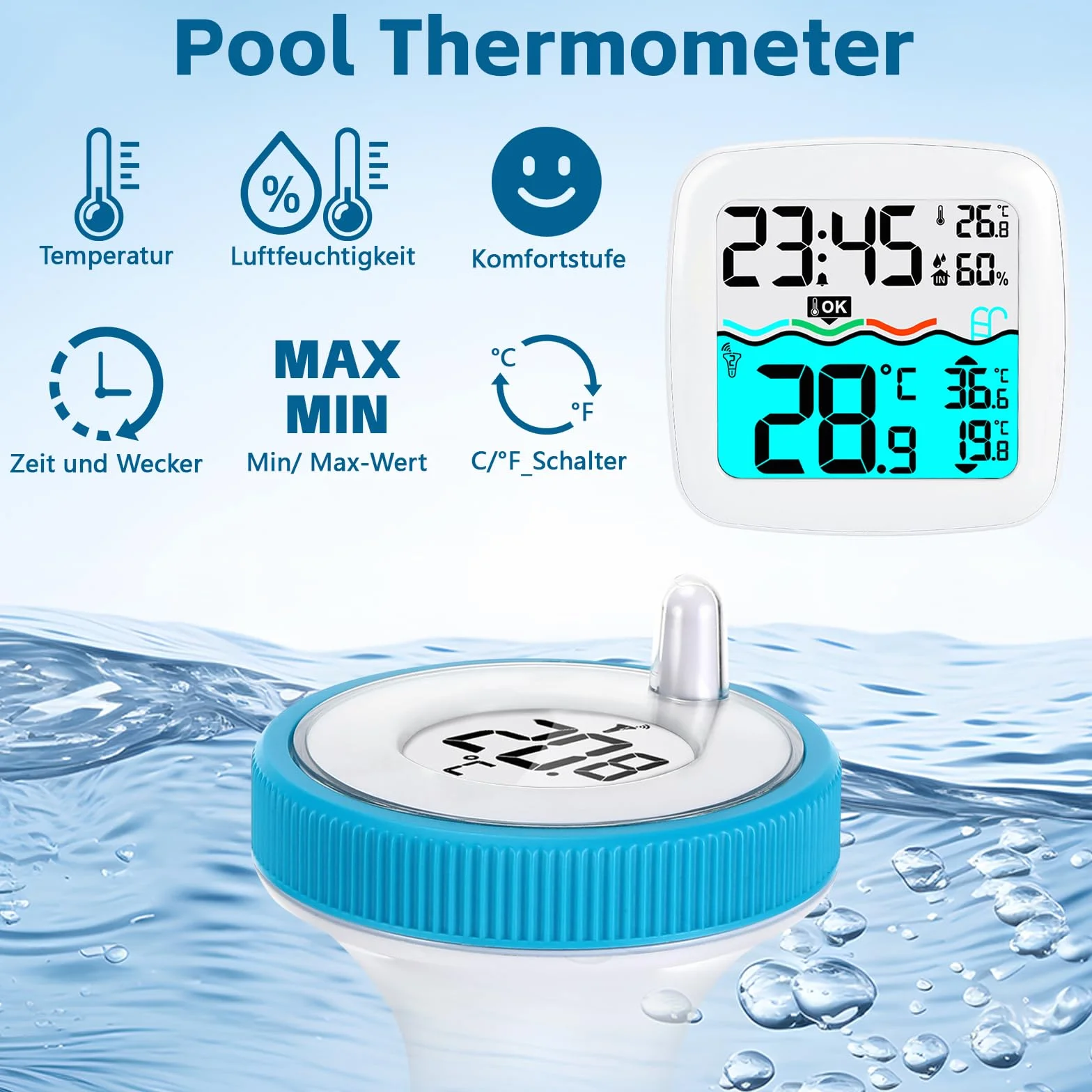 Thermomètre de Piscine Connecté Sans Fil IP67 Flotter Bleu