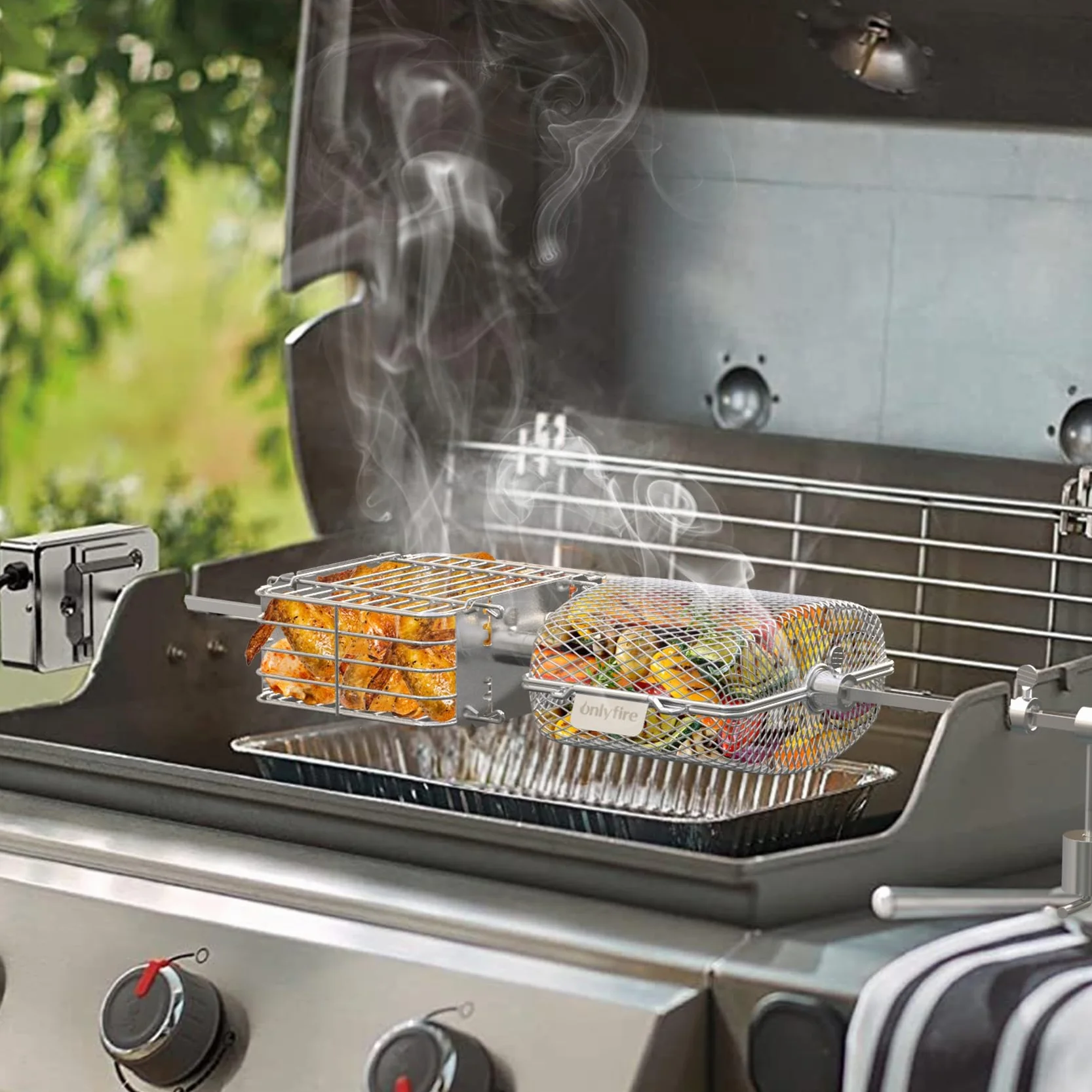 Onlyfire 2 Panier à Barbecue en Acier Inoxydable pour Tournebroche, Panier Grille pour Barbecue, Panier de Cuisson pour Légumes, Frites, Viande, Poisson, Carré + Rond