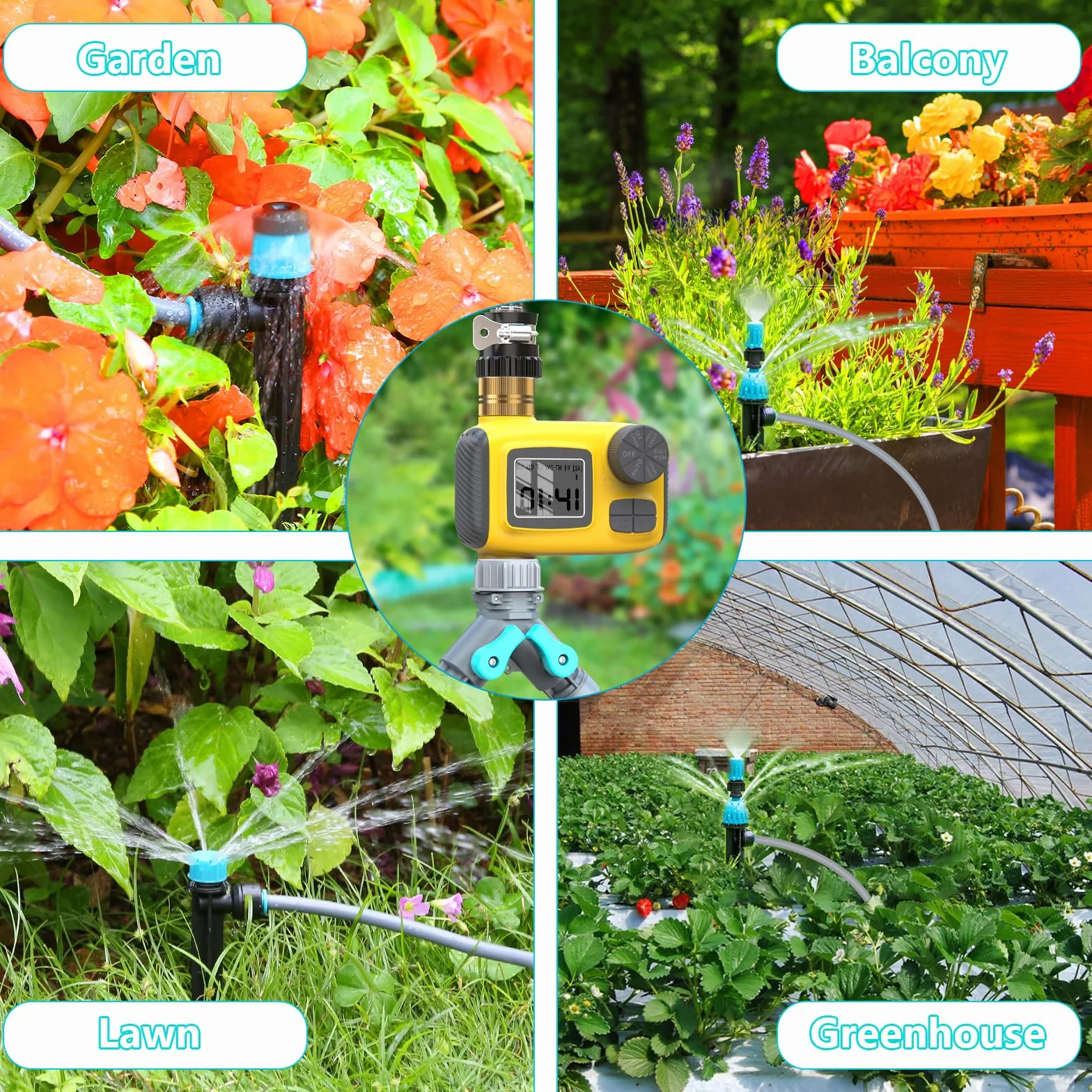 Kit d'irrigation goutte à goutte automatique 30 m avec programmateur TRJZWA 3 programmes, 3 types de goutteurs pour jardin