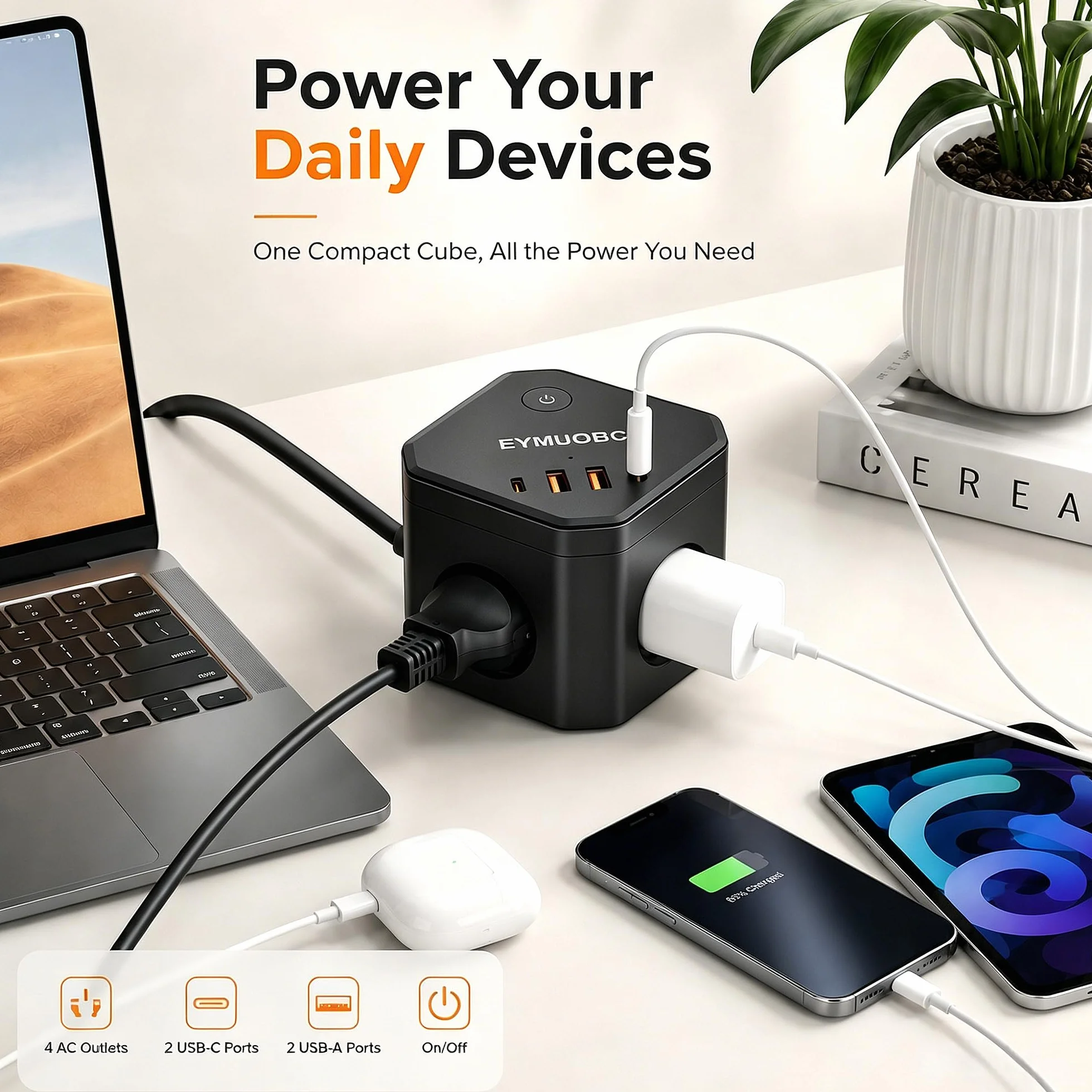 Multiprise 8-en-1 avec USB C PD 20W 3680W et Interrupteur Rallonge Électrique 2M