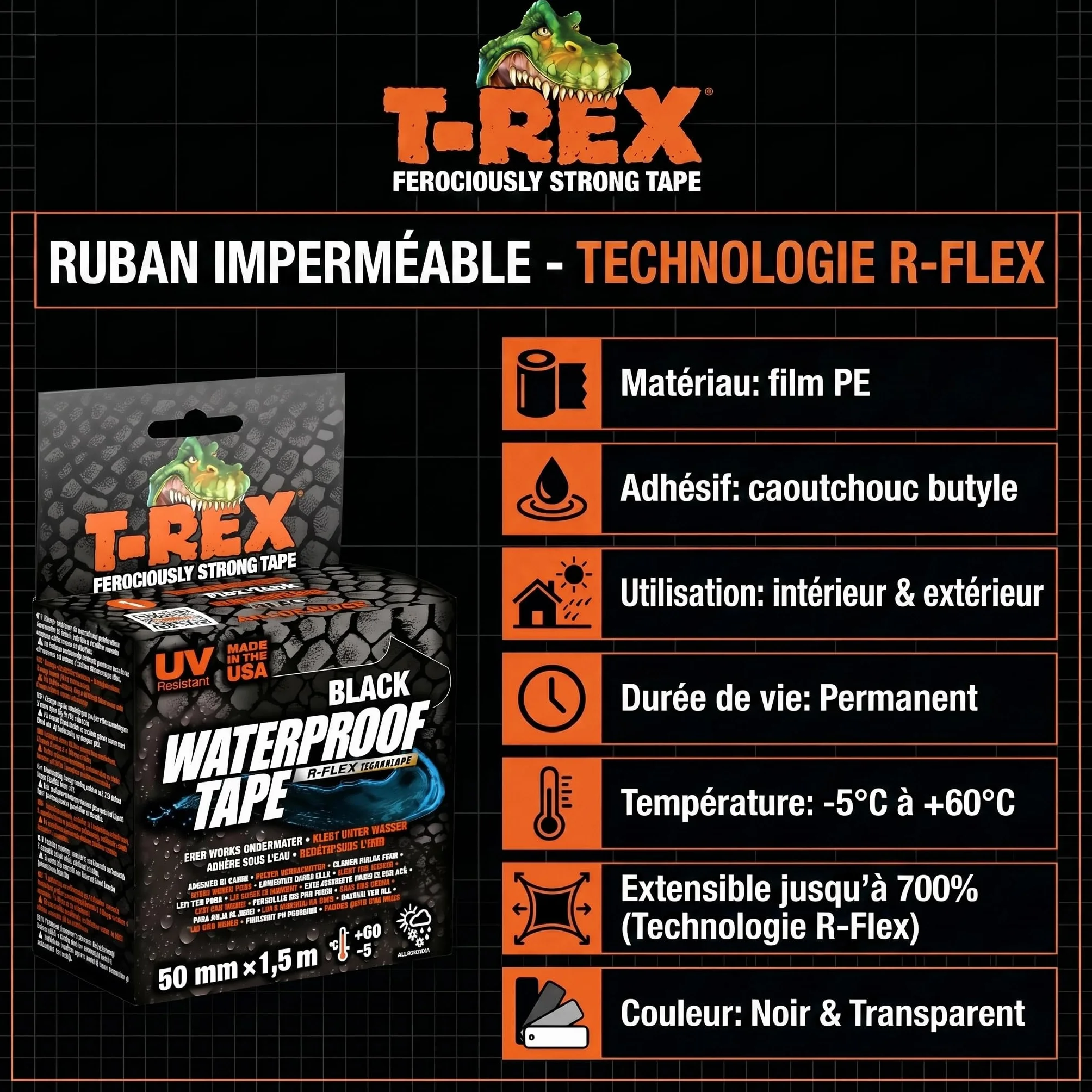 T-Rex 827-00 Ruban adhésif étanche 50 mm x 1,5 m