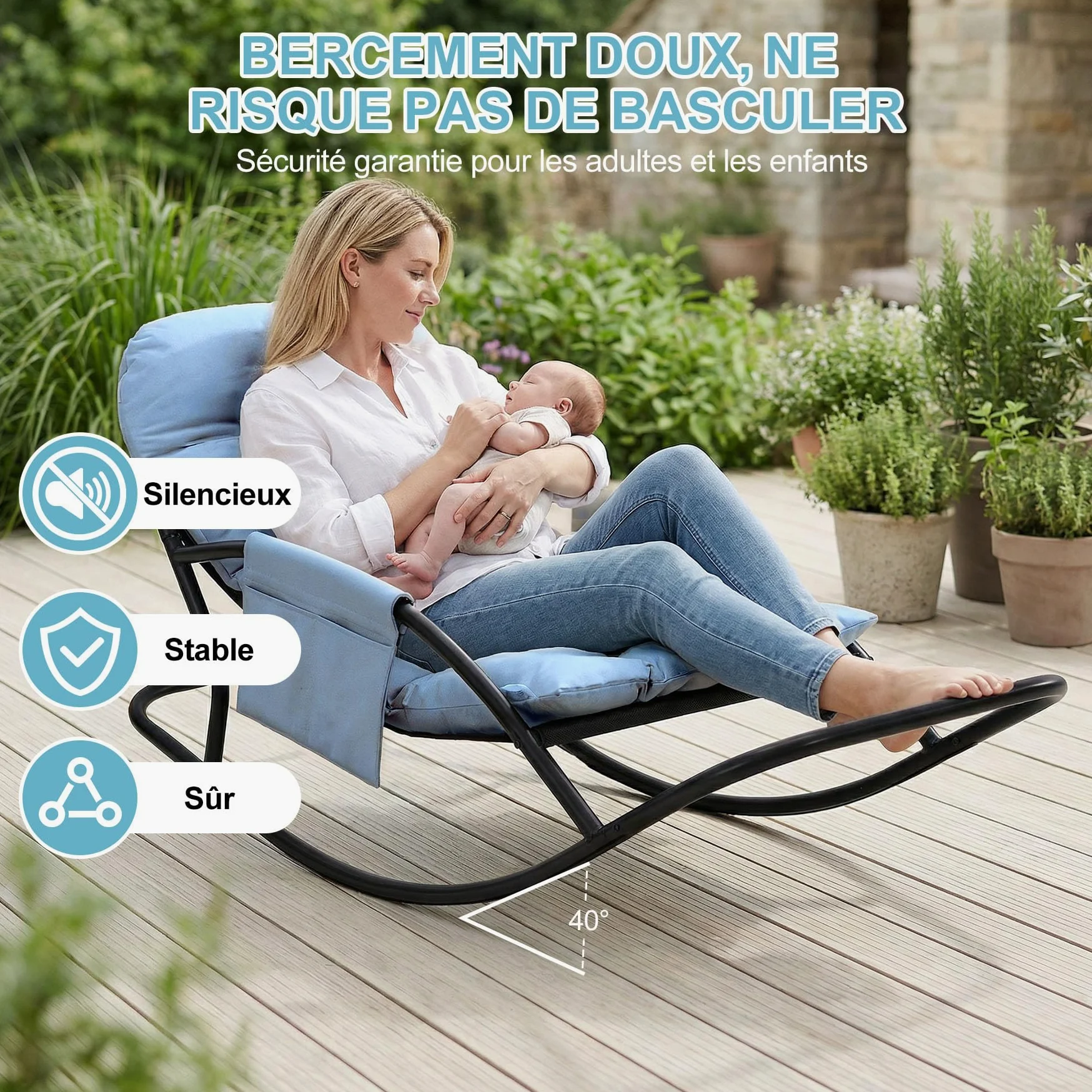 Fauteuil à Bascule Extérieur, Rocking Chair Papasan avec Coussin et Cadre, Cadre en métal Soutien des Pas, pour Chambre, Salon, Terrasse, Jardin,capacité de Charge 120 kg,Tissu Technique