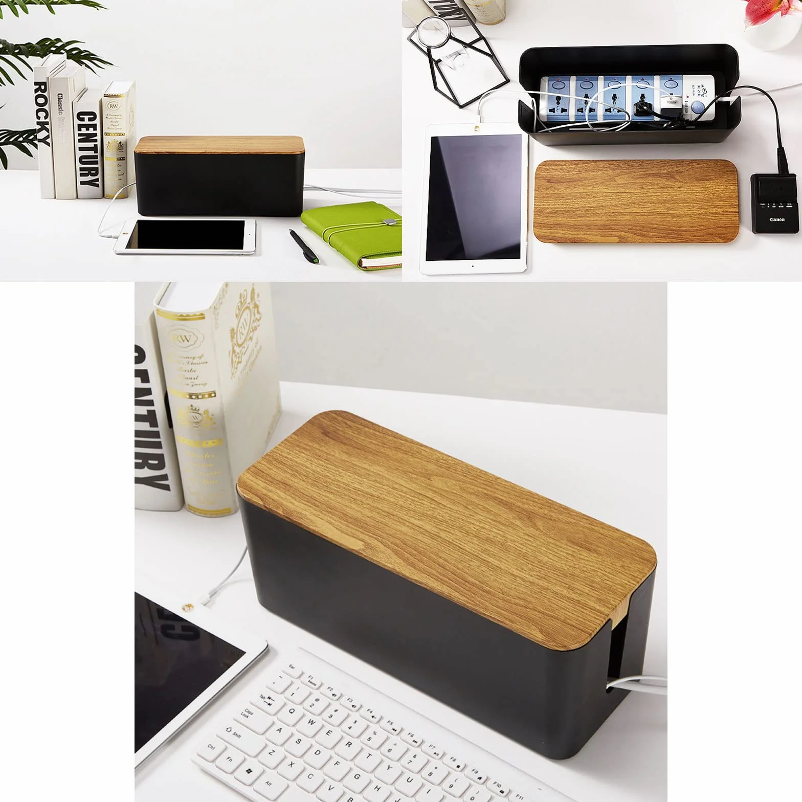 Boîte de Rangement de Câbles Noir, Cache Multiprise Électrique avec Couvercle Bois, 3 Pcs 3 Tailles