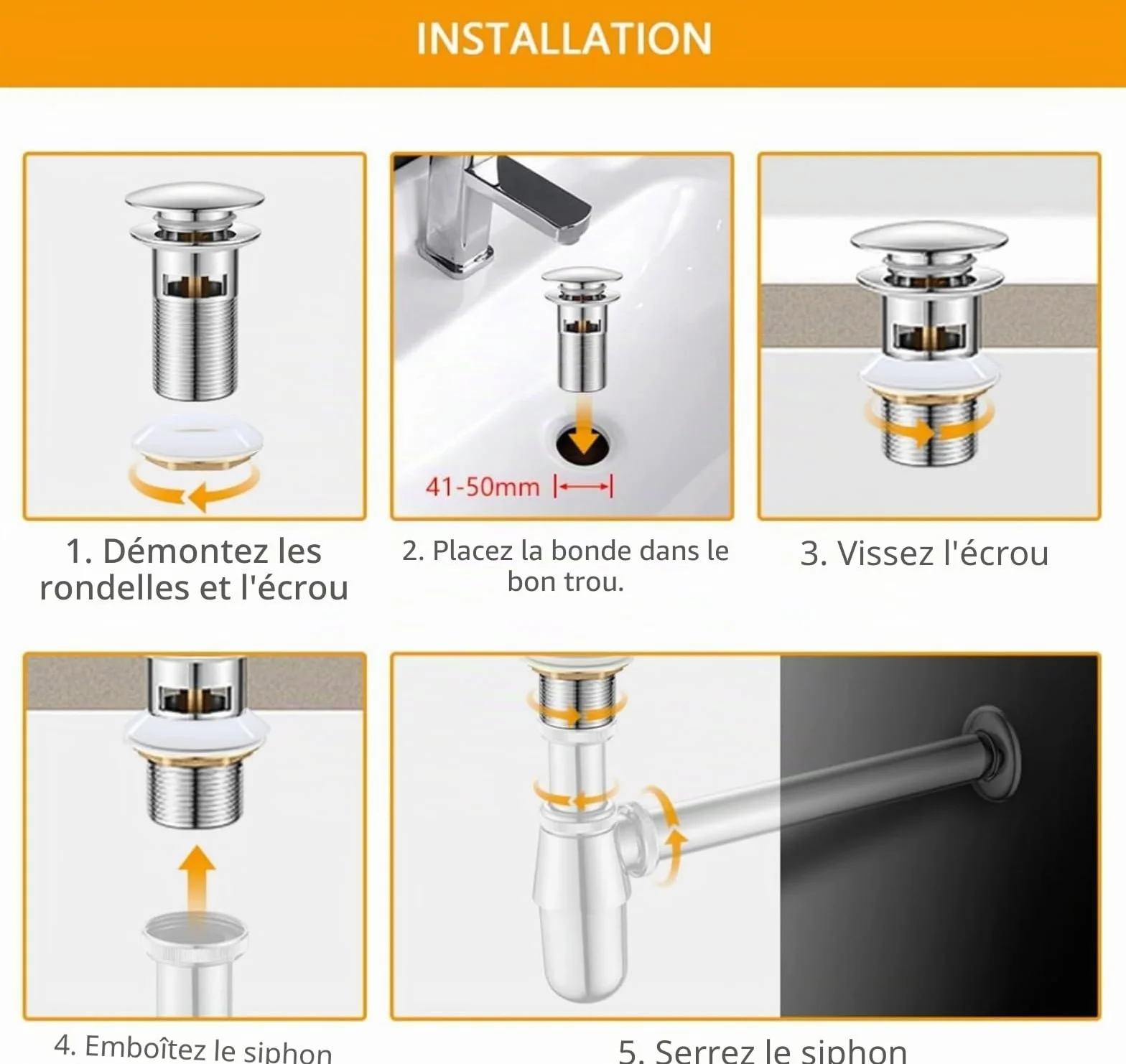 Ibergrif Bonde de Lavabo avec Trop-Plein Bouchon Clic-Clac Universel 1" 1/4 Finition Chromée