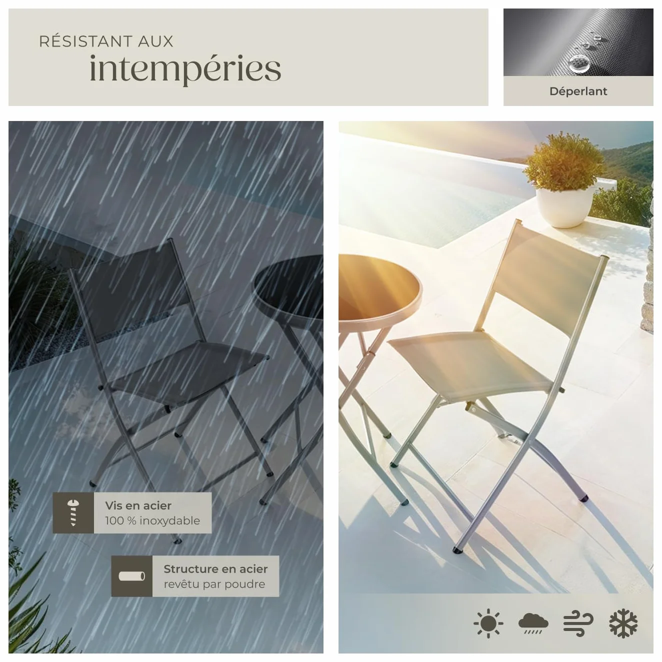 Tectake Ensemble Table Ronde et Chaises Pliantes Table de Bistrot Jardin 2 Personnes Acier Epoxy